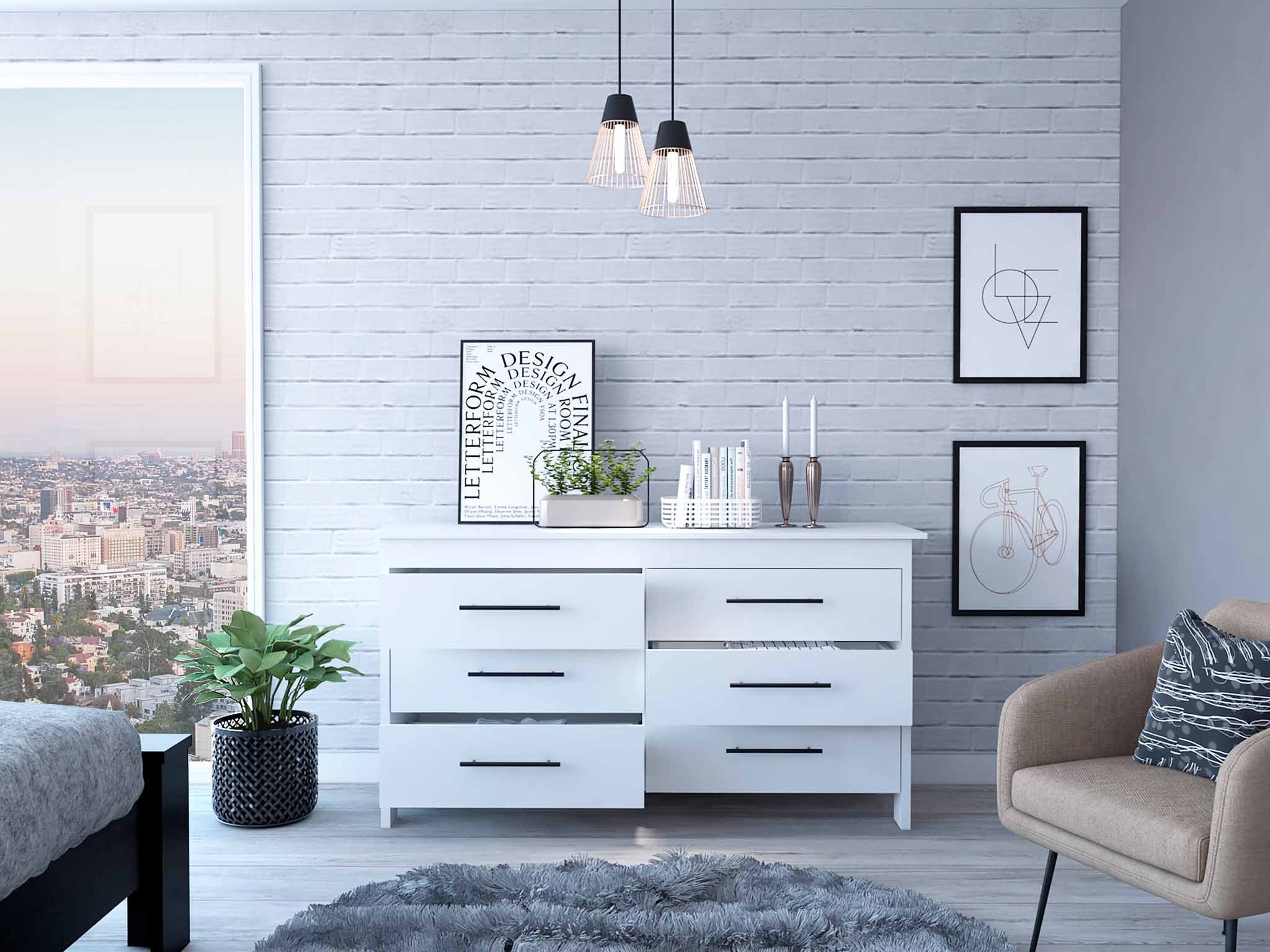 58" White Six Drawer Double Dresser By Homeroots - Image 4