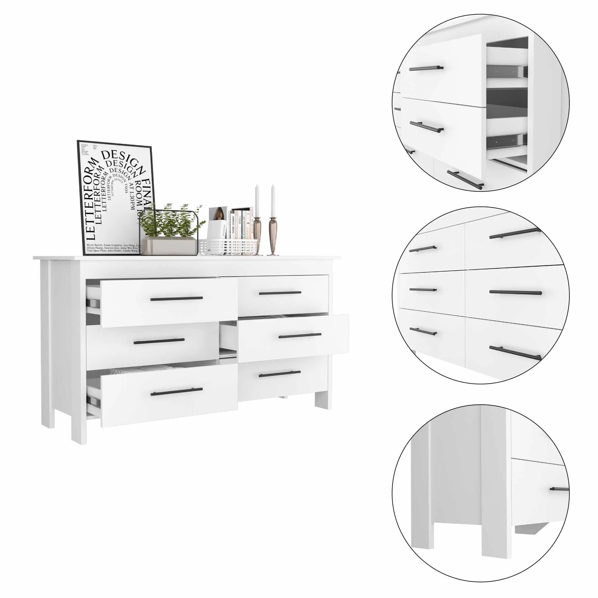 58" White Six Drawer Double Dresser By Homeroots - Image 5