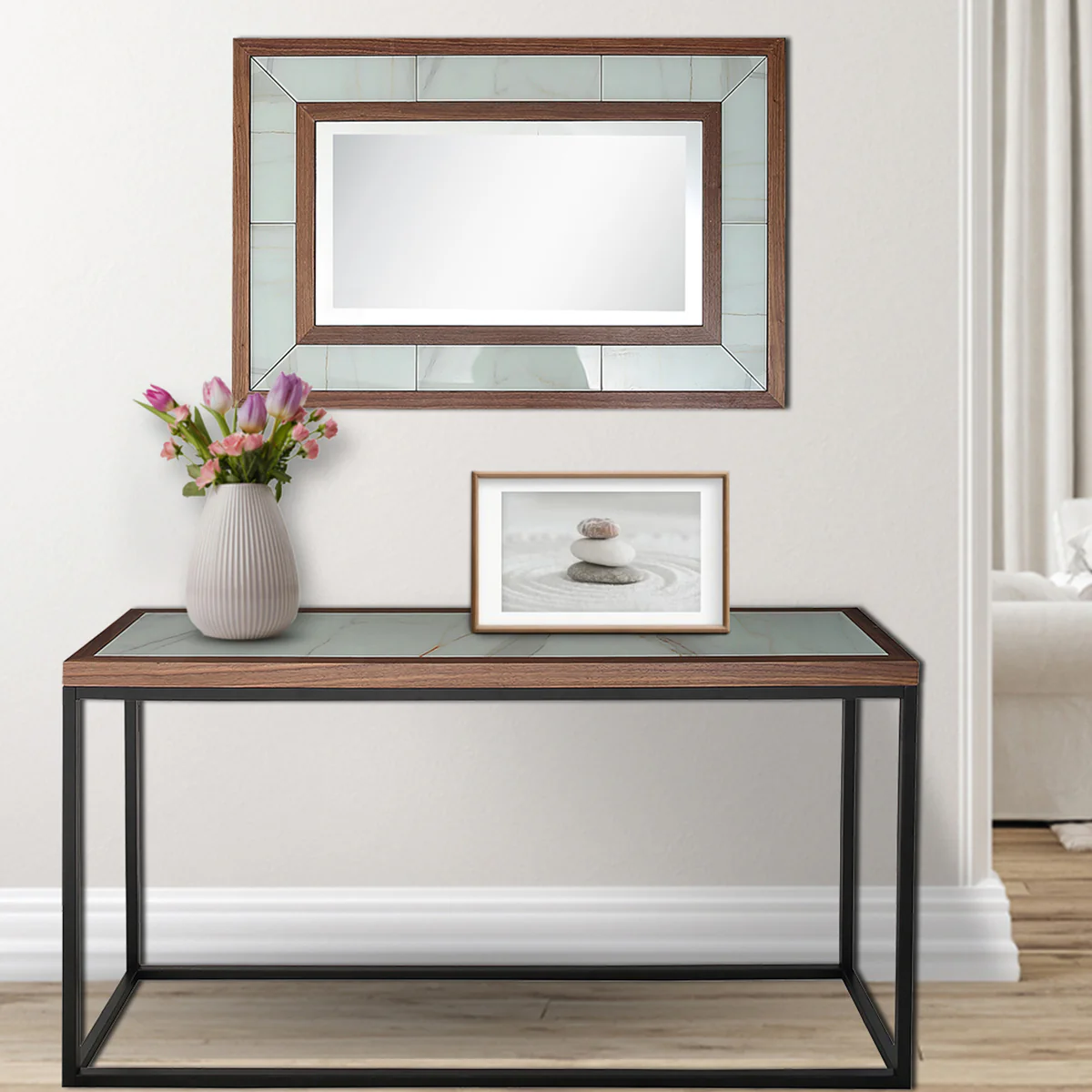 59" Brown and White and Black Glass Frame Console Table By Homeroots - Image 9