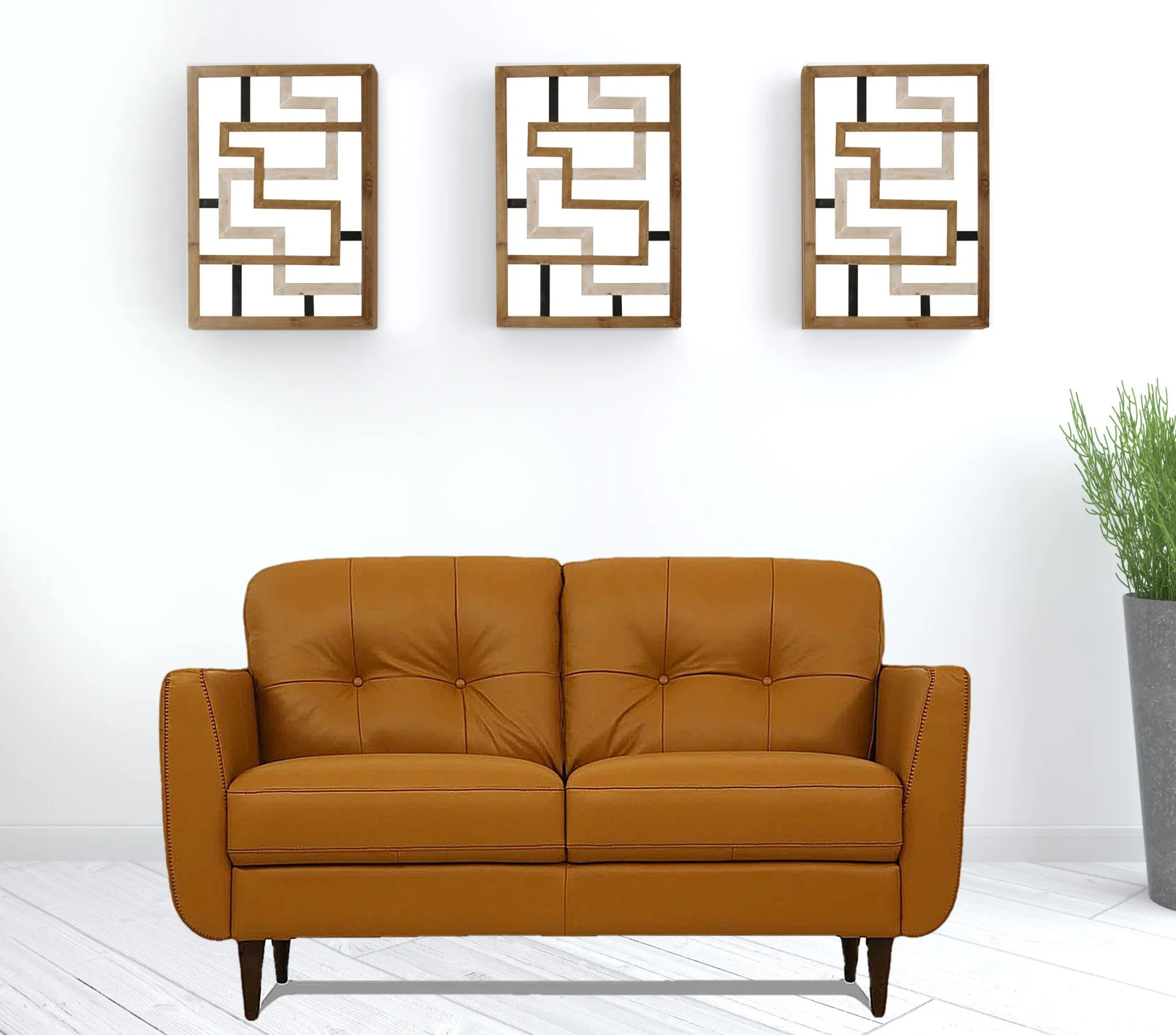 59" Camel Leather And Black Love Seat By Homeroots - Image 3