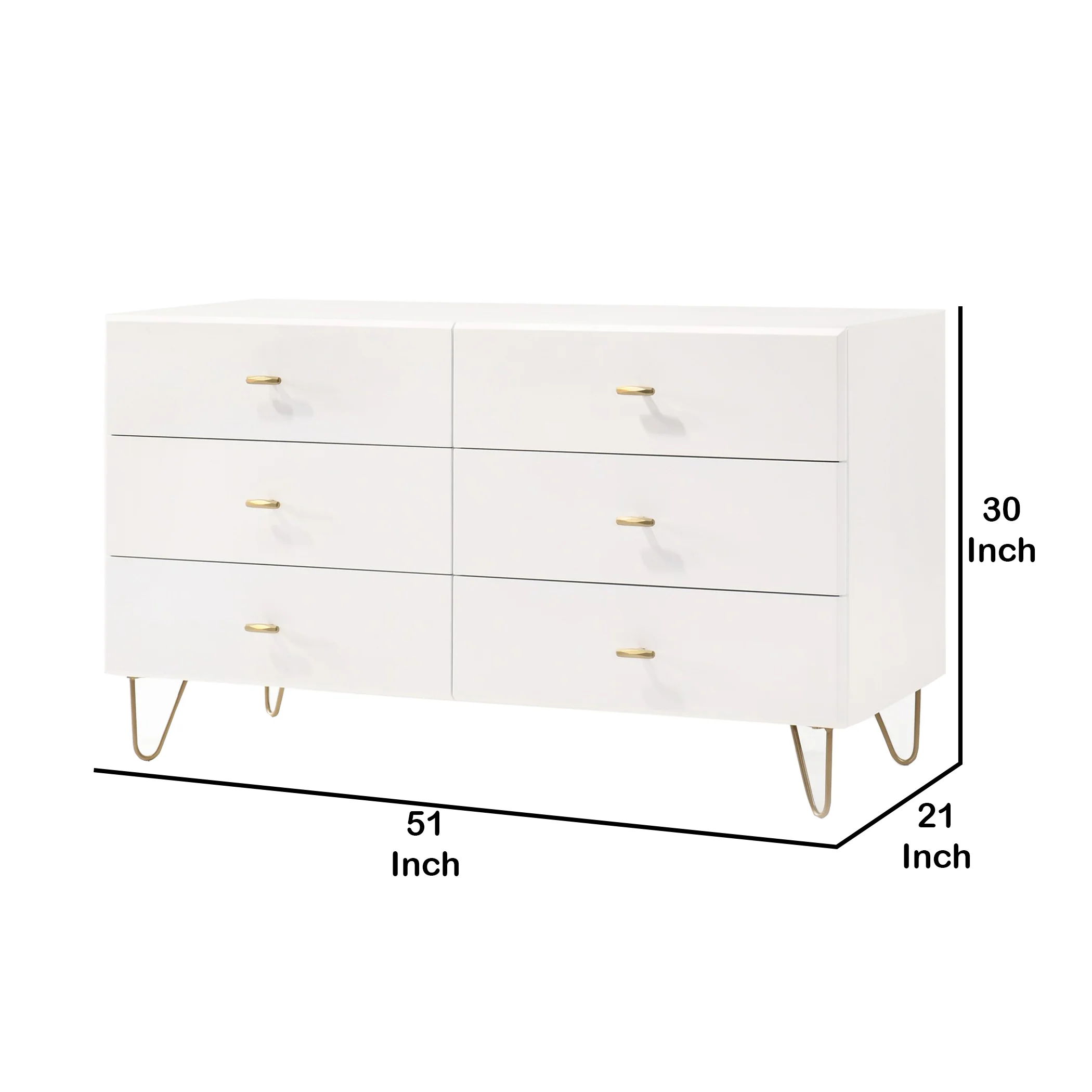 6 Drawer Wooden Dresser with Metal Hairpin Legs, White and Gold By Benzara - Image 5
