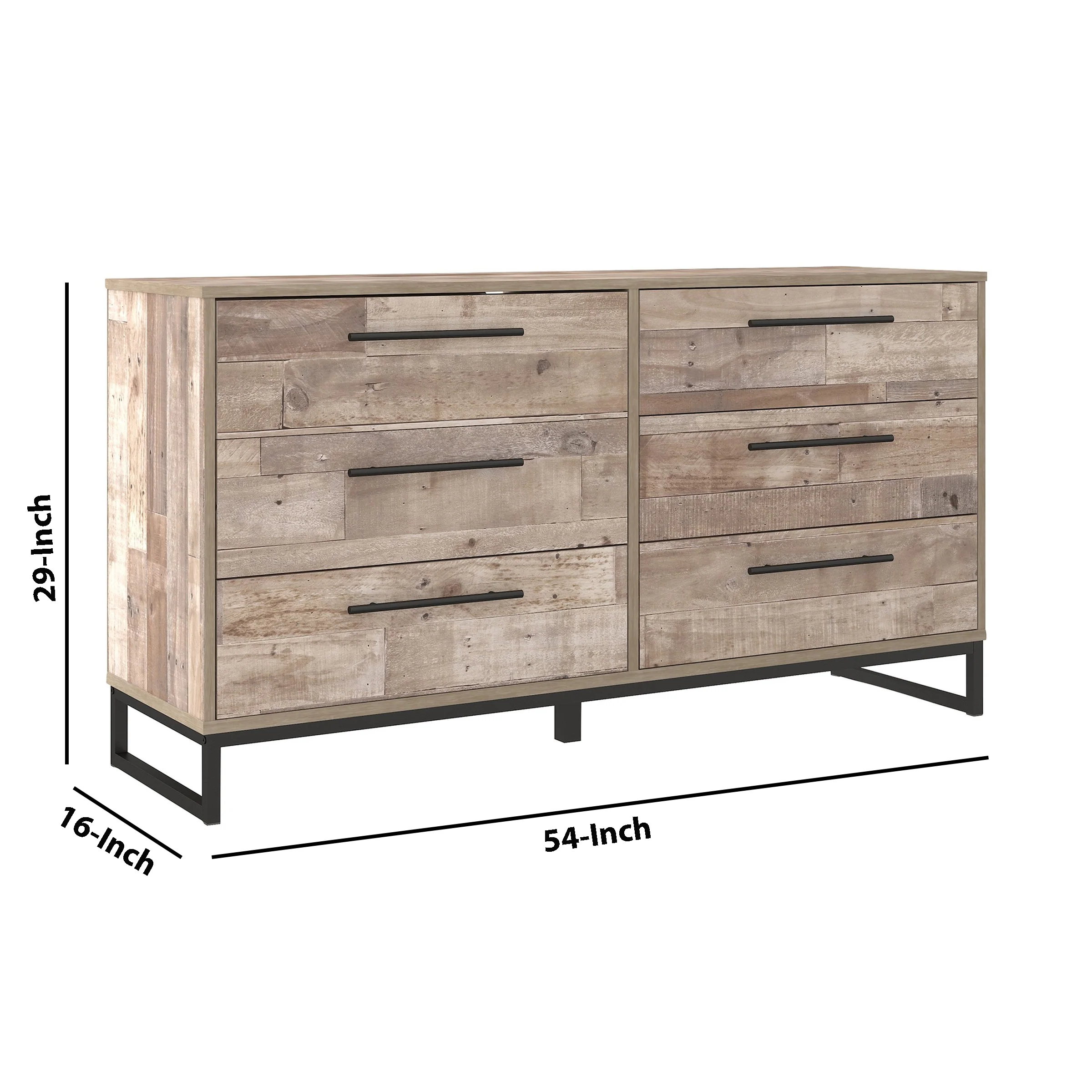 6 Drawer Wooden Dresser With Metal Legs Washed Brown And Black By Benzara - Image 5
