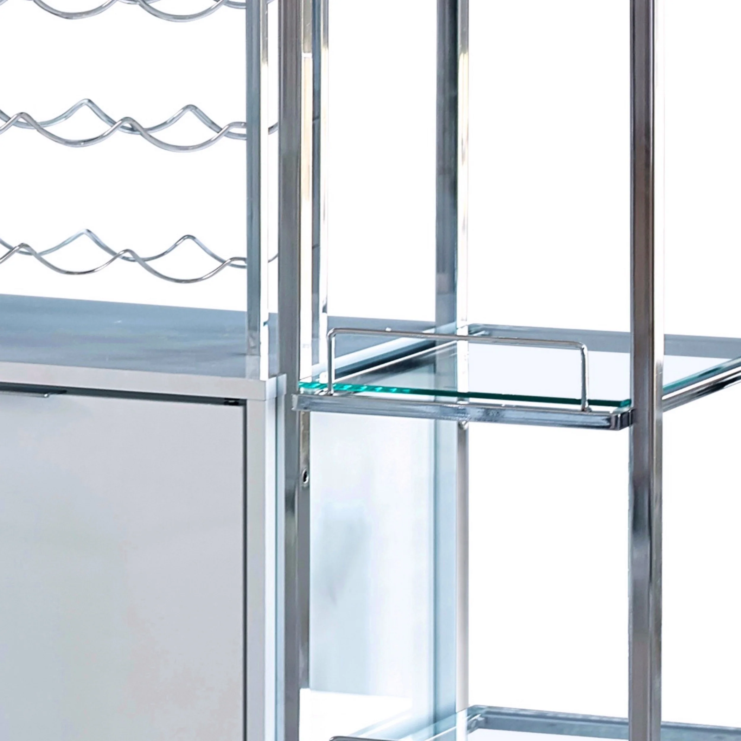 6 Glass Shelf Metal Frame Bar Cabinet With Power Outlet Clear And Chrome By Benzara - Image 5
