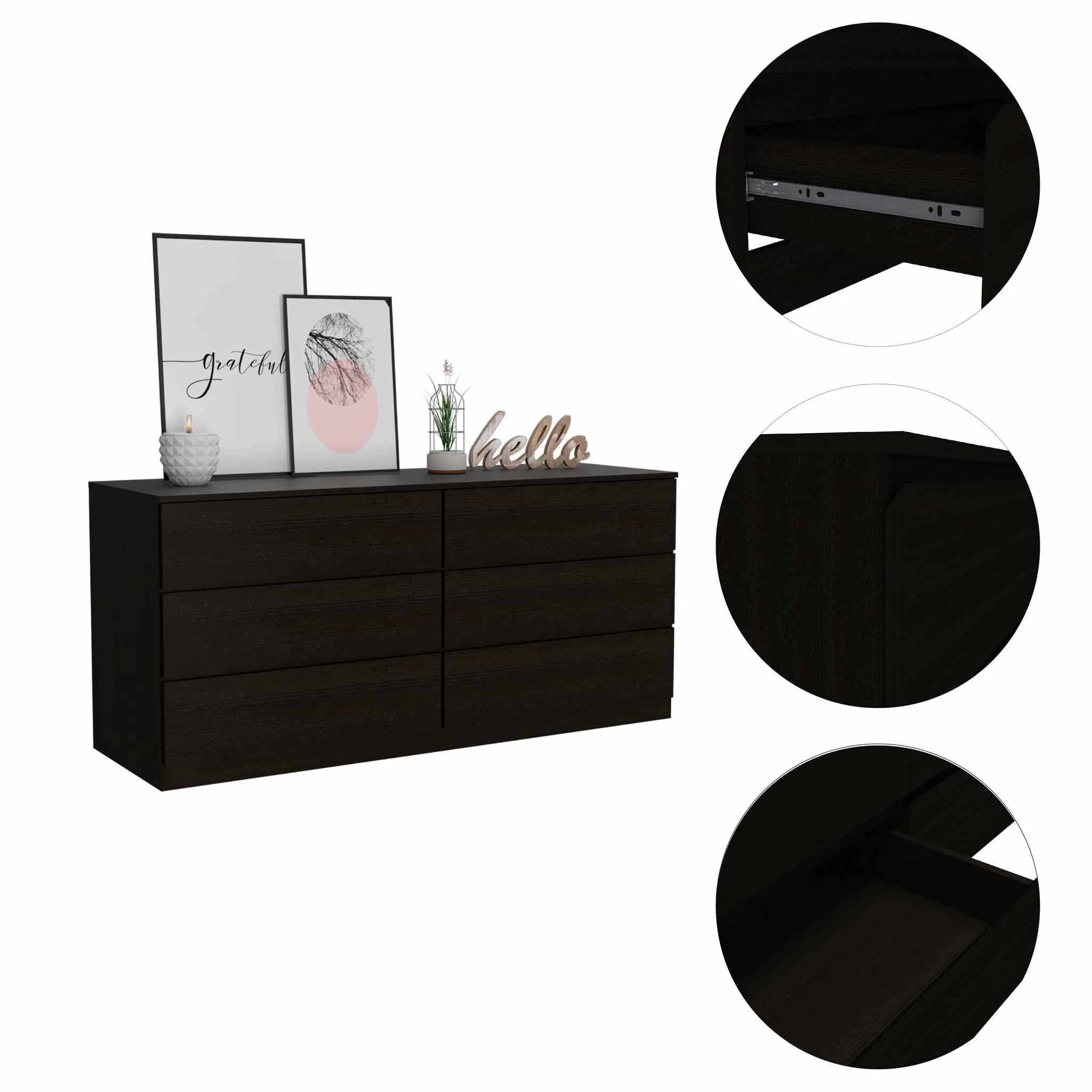 60" Black Six Drawer Double Dresser By Homeroots - Image 5