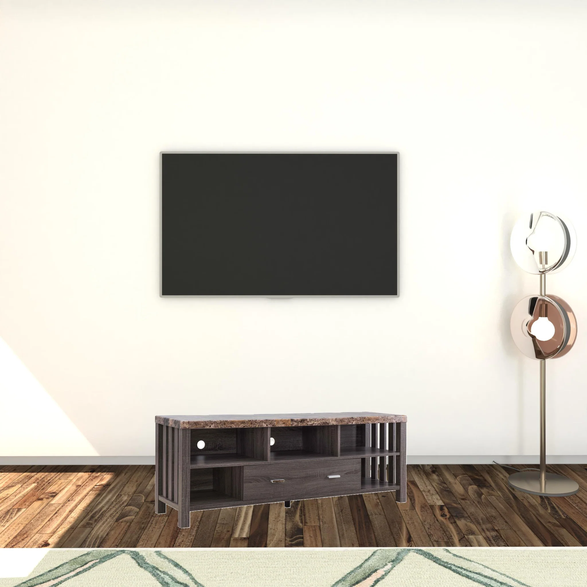 60" Dark Grey Faux Marble And Manufactured Wood Cabinet Enclosed Storage TV Stand By Homeroots - Image 2