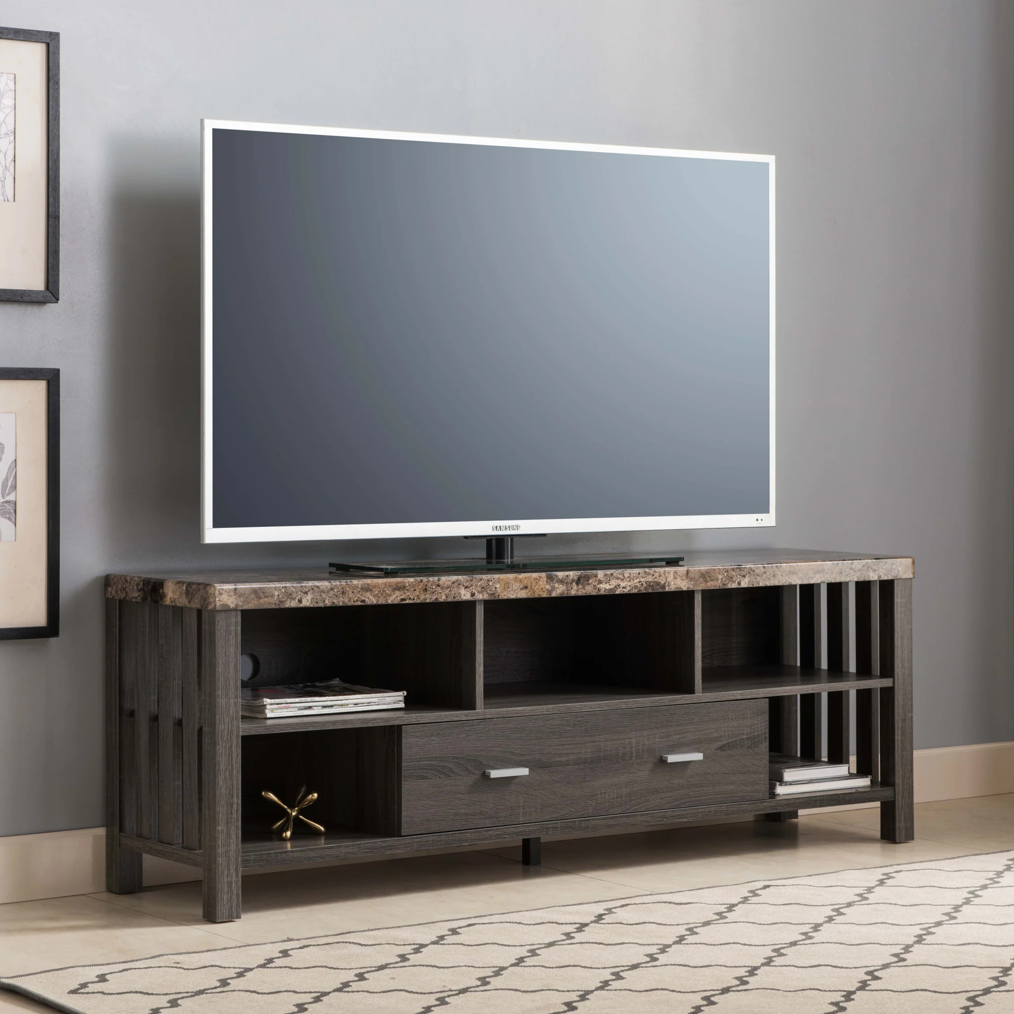 60" Dark Grey Faux Marble And Manufactured Wood Cabinet Enclosed Storage TV Stand By Homeroots - Image 5