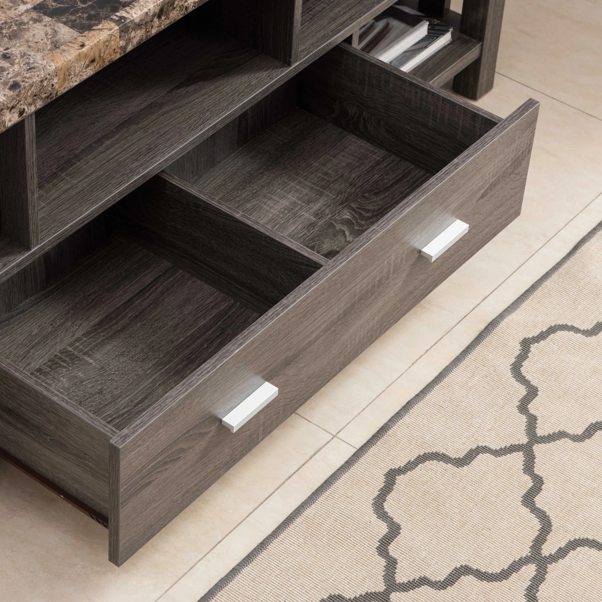 60" Dark Grey Faux Marble And Manufactured Wood Cabinet Enclosed Storage TV Stand By Homeroots - Image 6