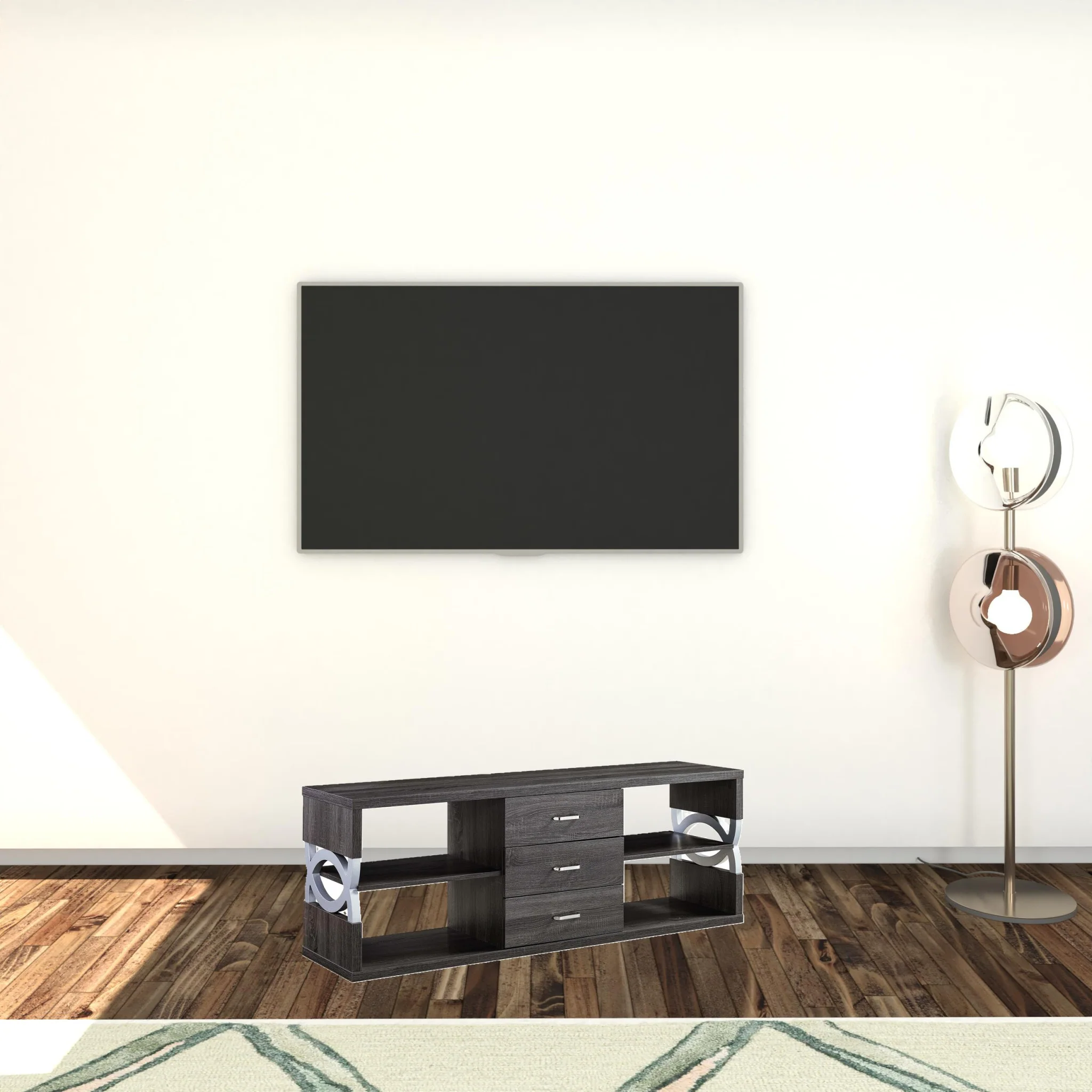 60" Distressed Grey And Silver Manufactured Wood Cabinet Enclosed Storage TV Stand By Homeroots - Image 3