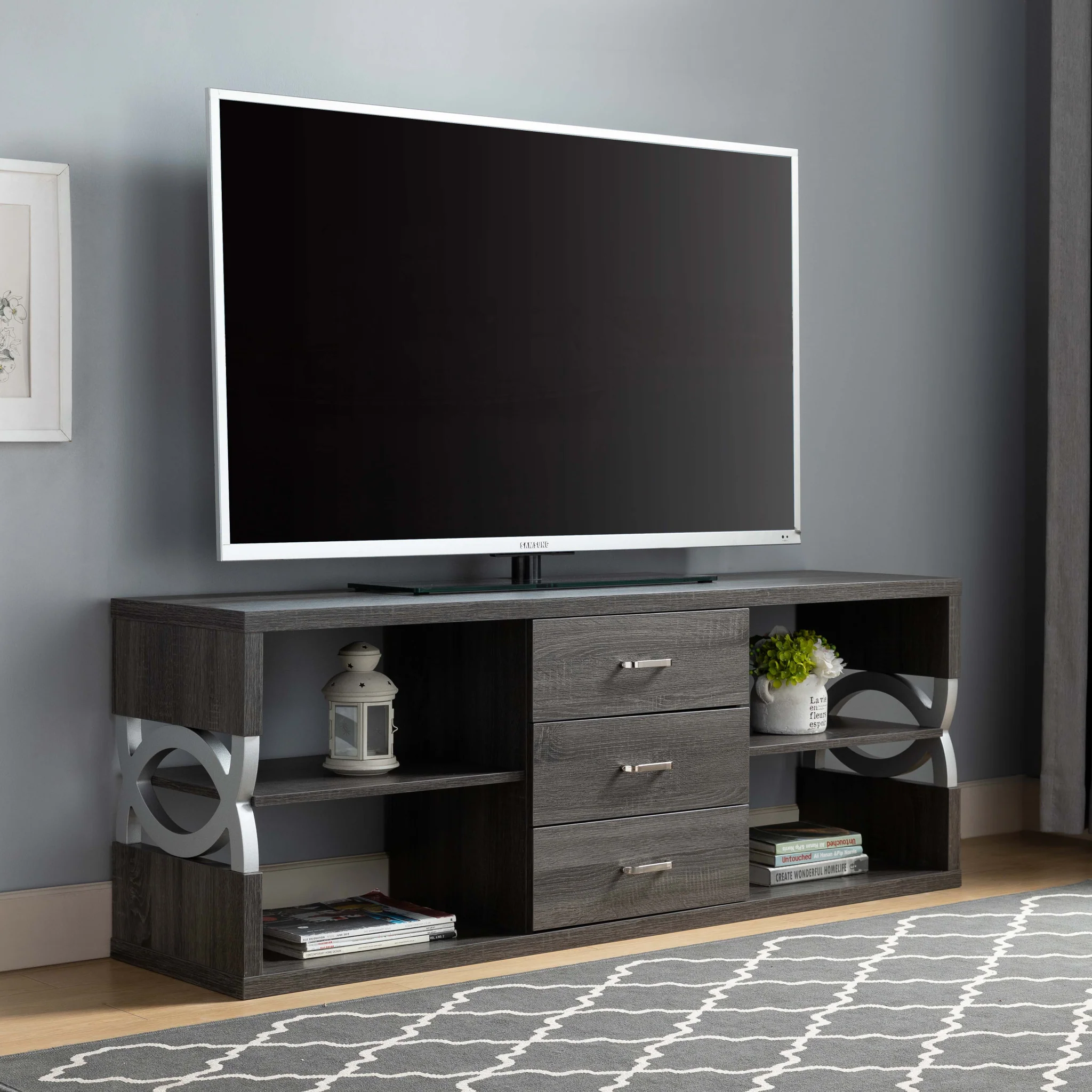 60" Distressed Grey And Silver Manufactured Wood Cabinet Enclosed Storage TV Stand By Homeroots - Image 6