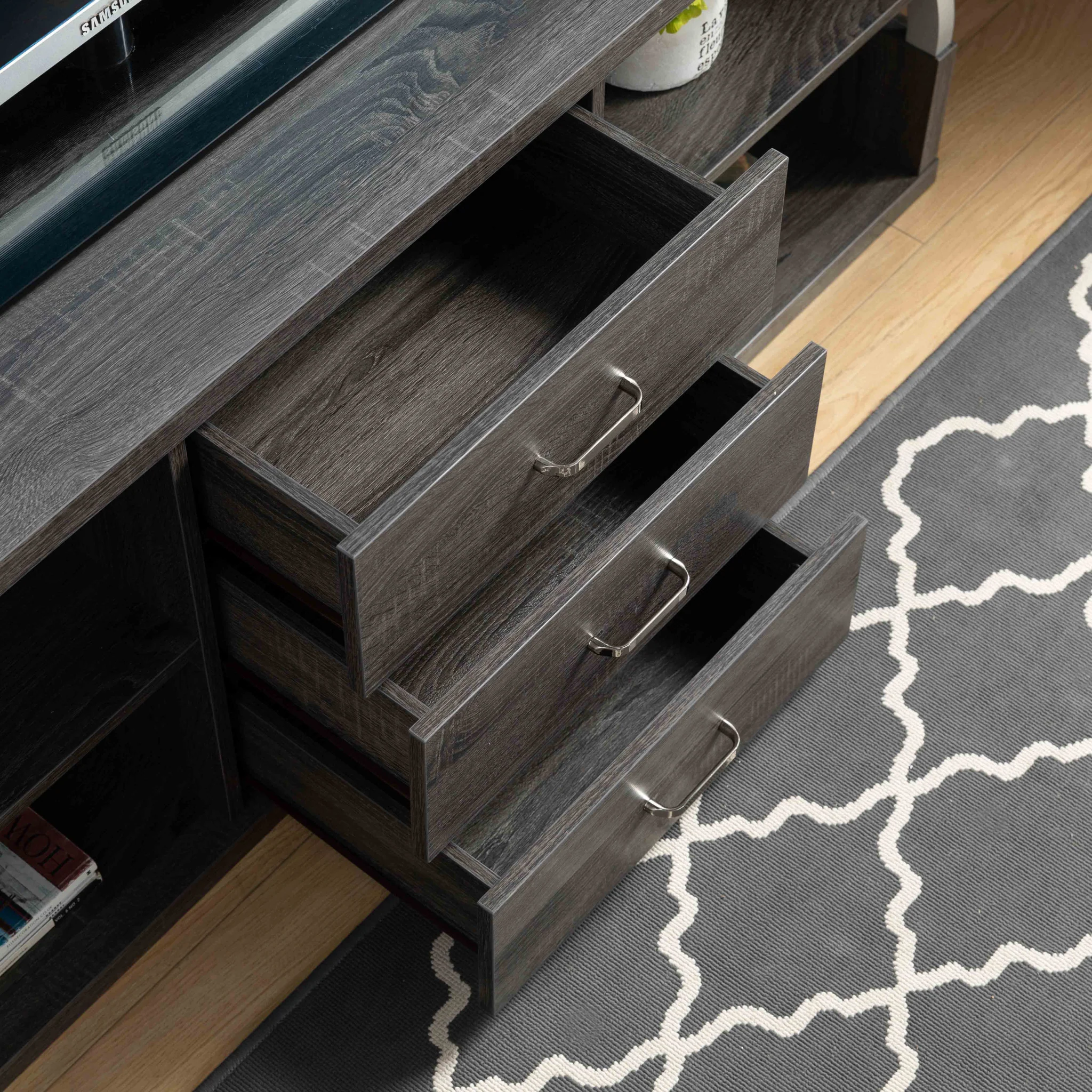 60" Distressed Grey And Silver Manufactured Wood Cabinet Enclosed Storage TV Stand By Homeroots - Image 7