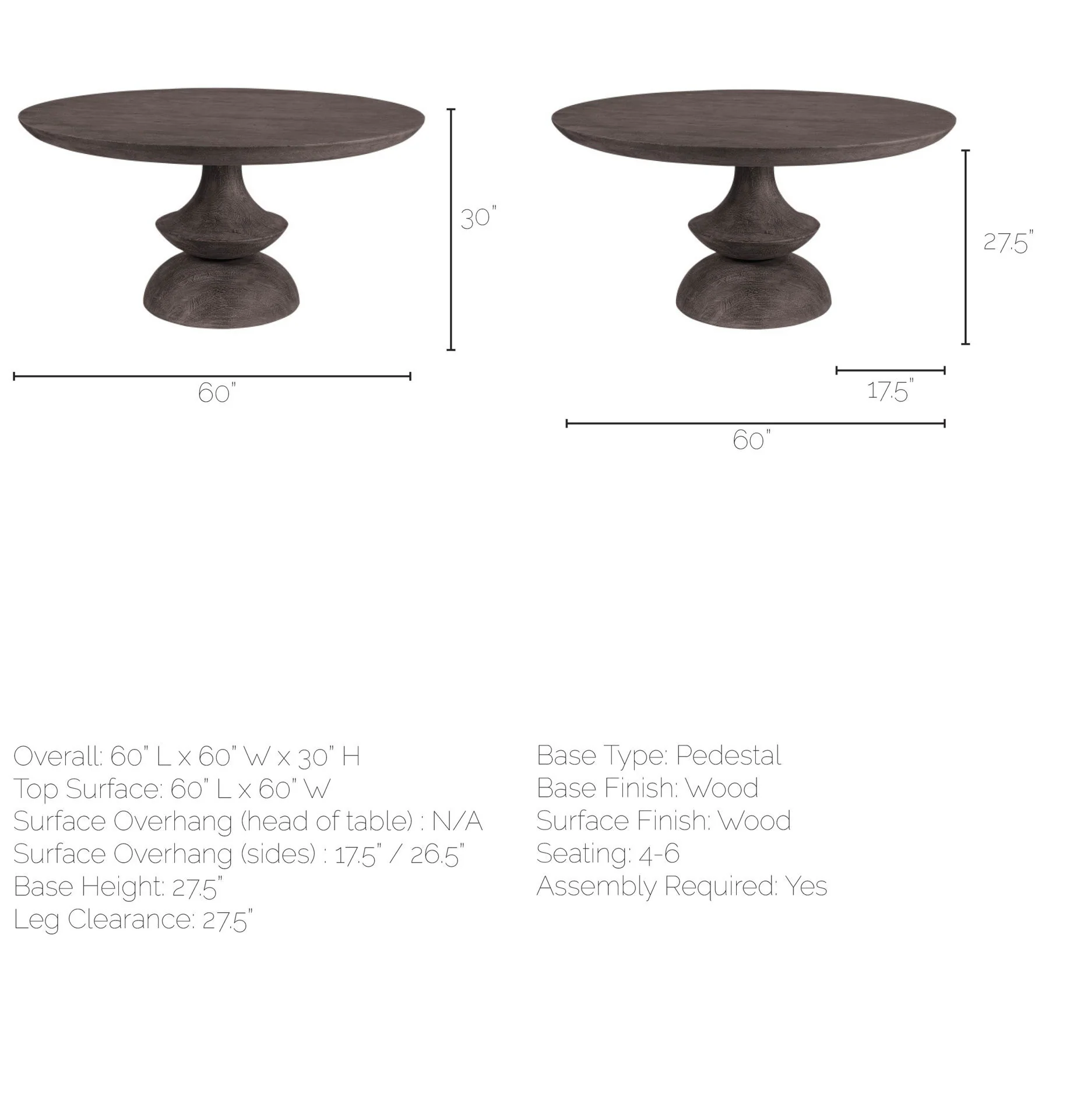 60' Round Charcoal Gray Solid Wood Table Top And Base Dining Table By Homeroots - Image 8