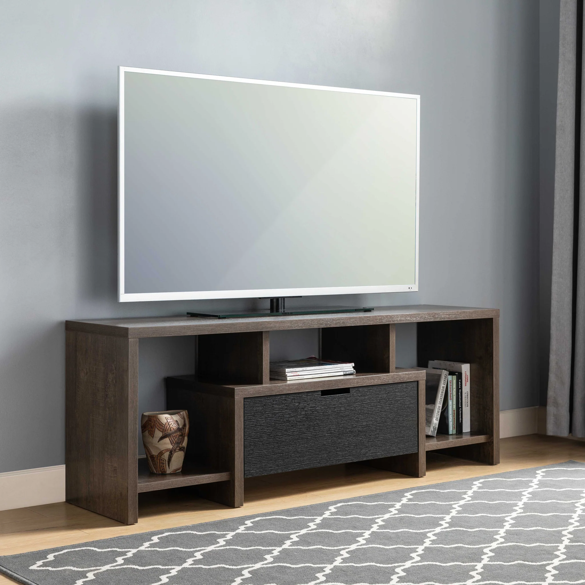 60" Walnut Oak And Black Manufactured Wood Cabinet Enclosed Storage TV Stand By Homeroots - Image 7