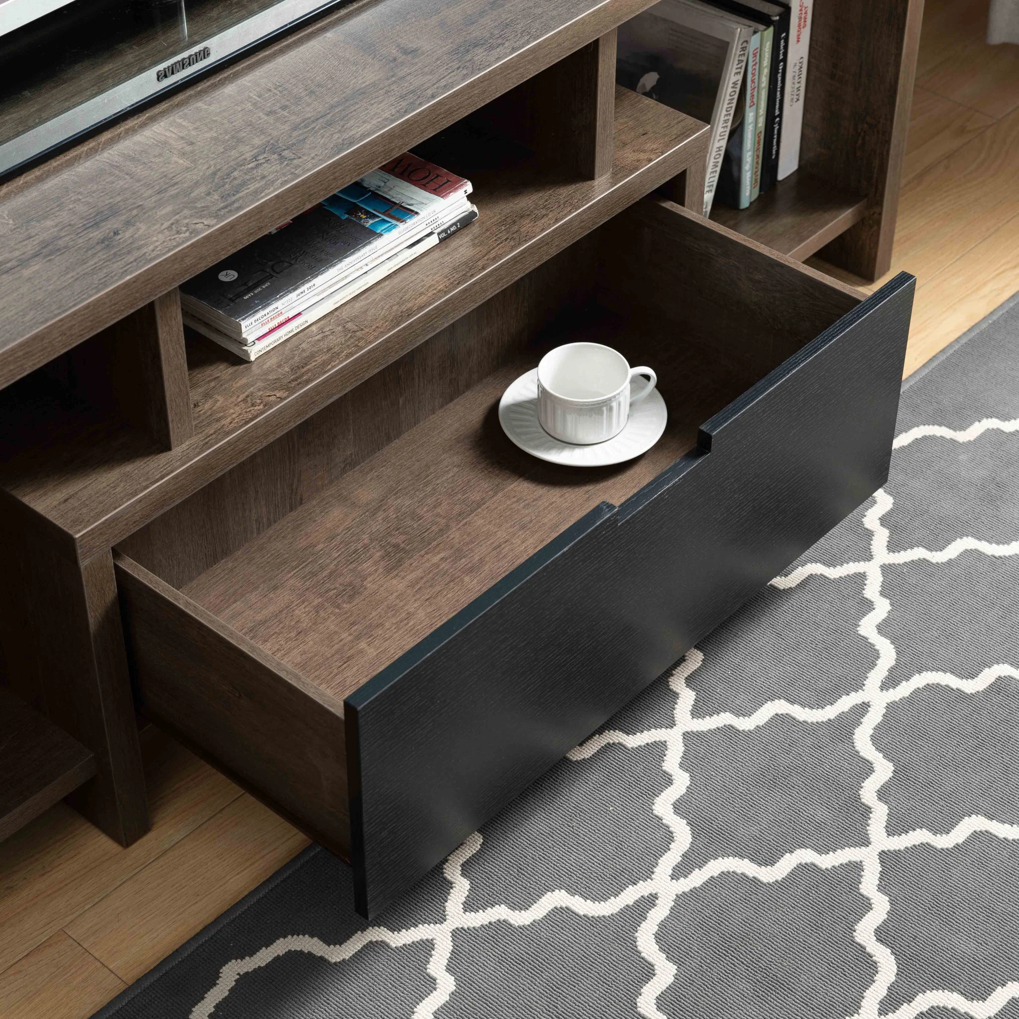 60" Walnut Oak And Black Manufactured Wood Cabinet Enclosed Storage TV Stand By Homeroots - Image 8