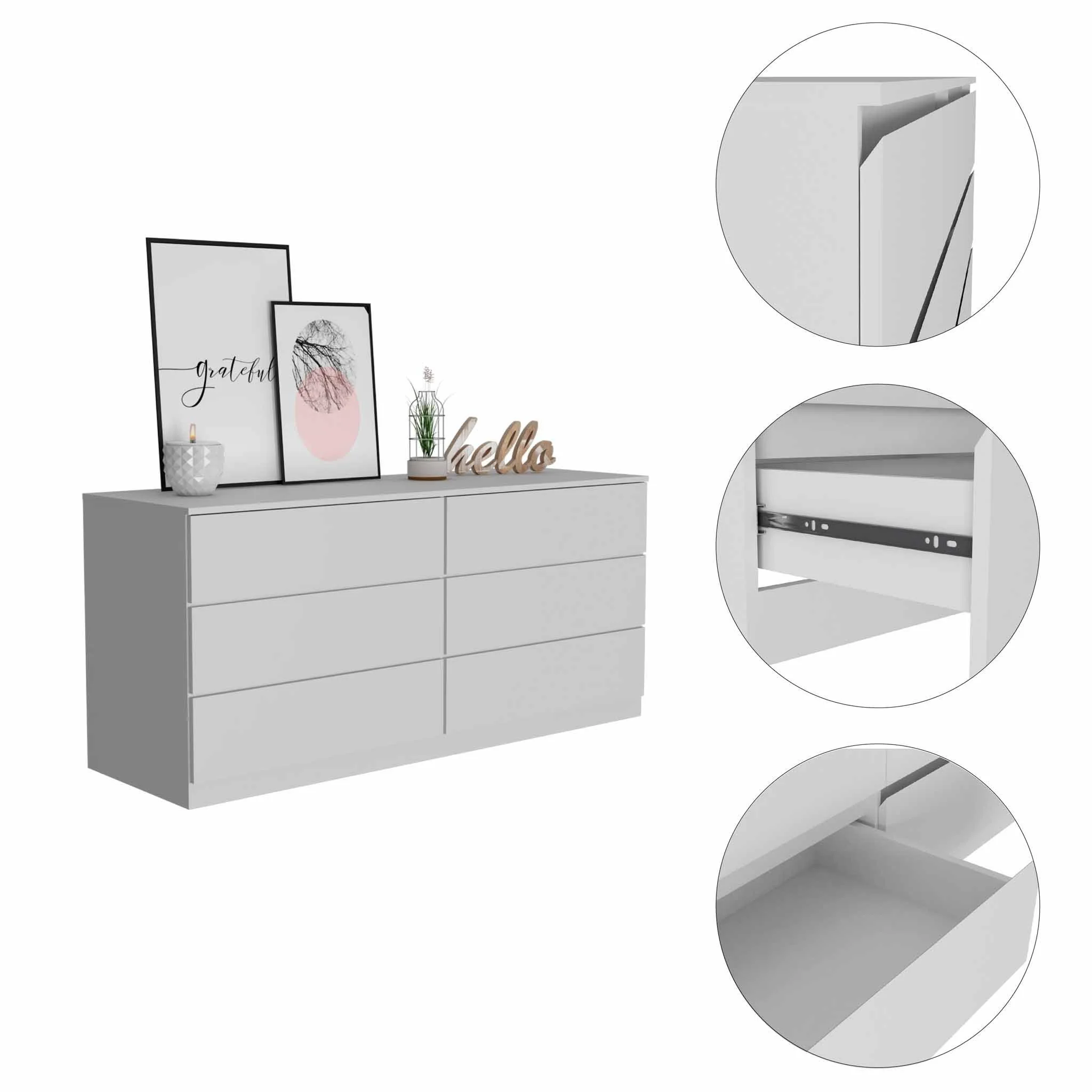 60" White Six Drawer Double Dresser By Homeroots - Image 5