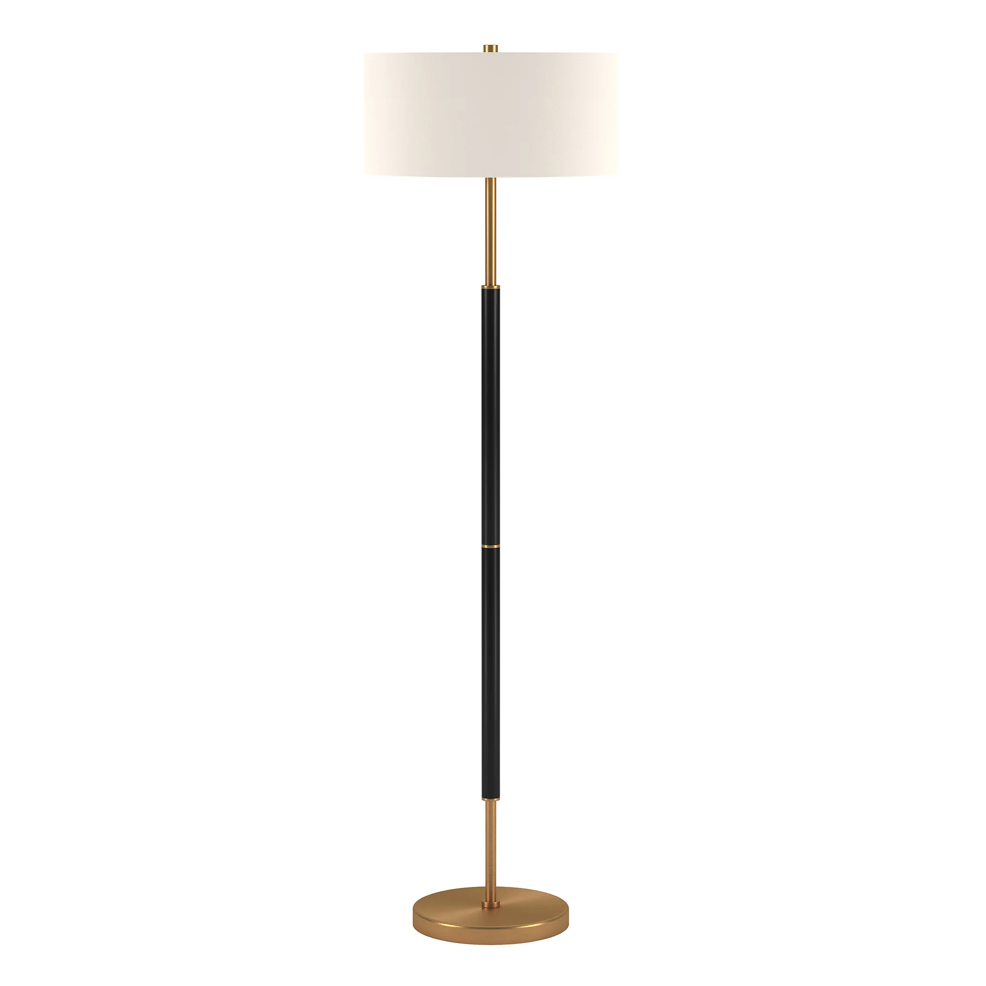 61" Black and Brass Two Light Floor Lamp With White Drum Shade By Homeroots - Image 2