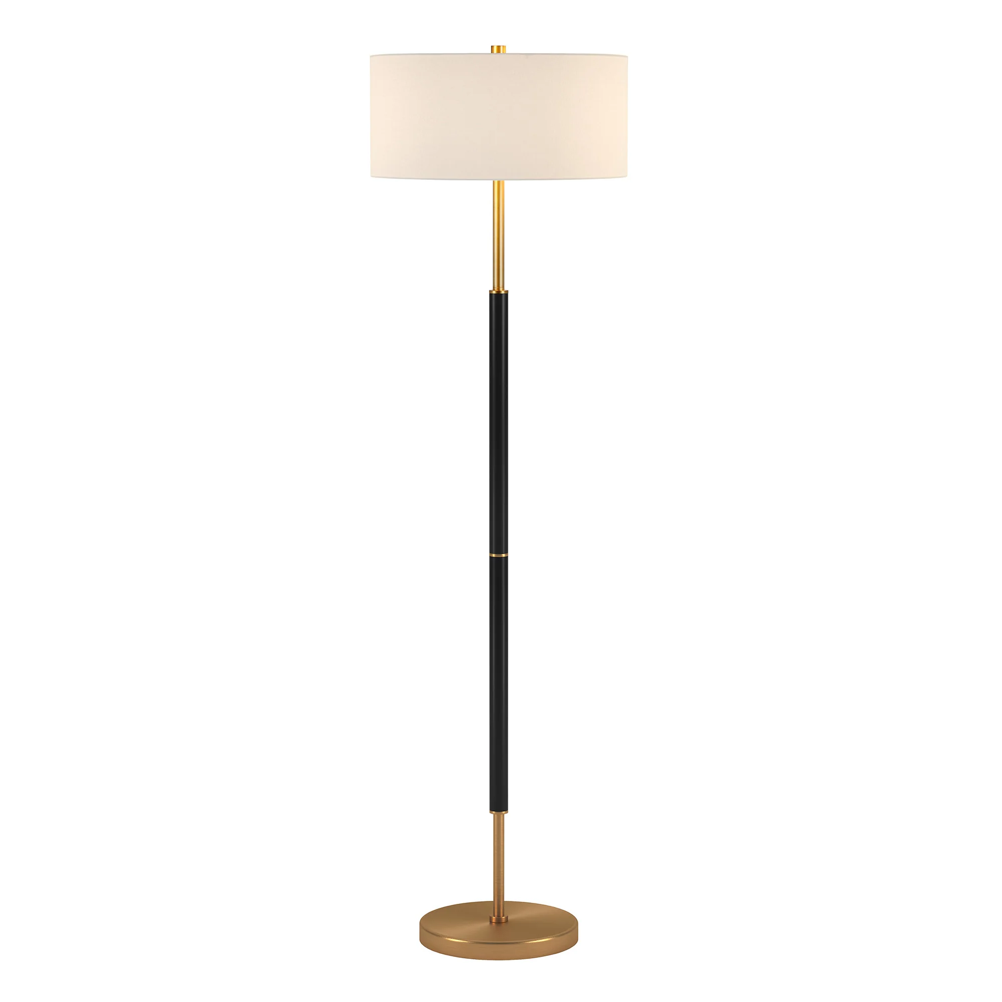 61" Black and Brass Two Light Floor Lamp With White Drum Shade By Homeroots - Image 3