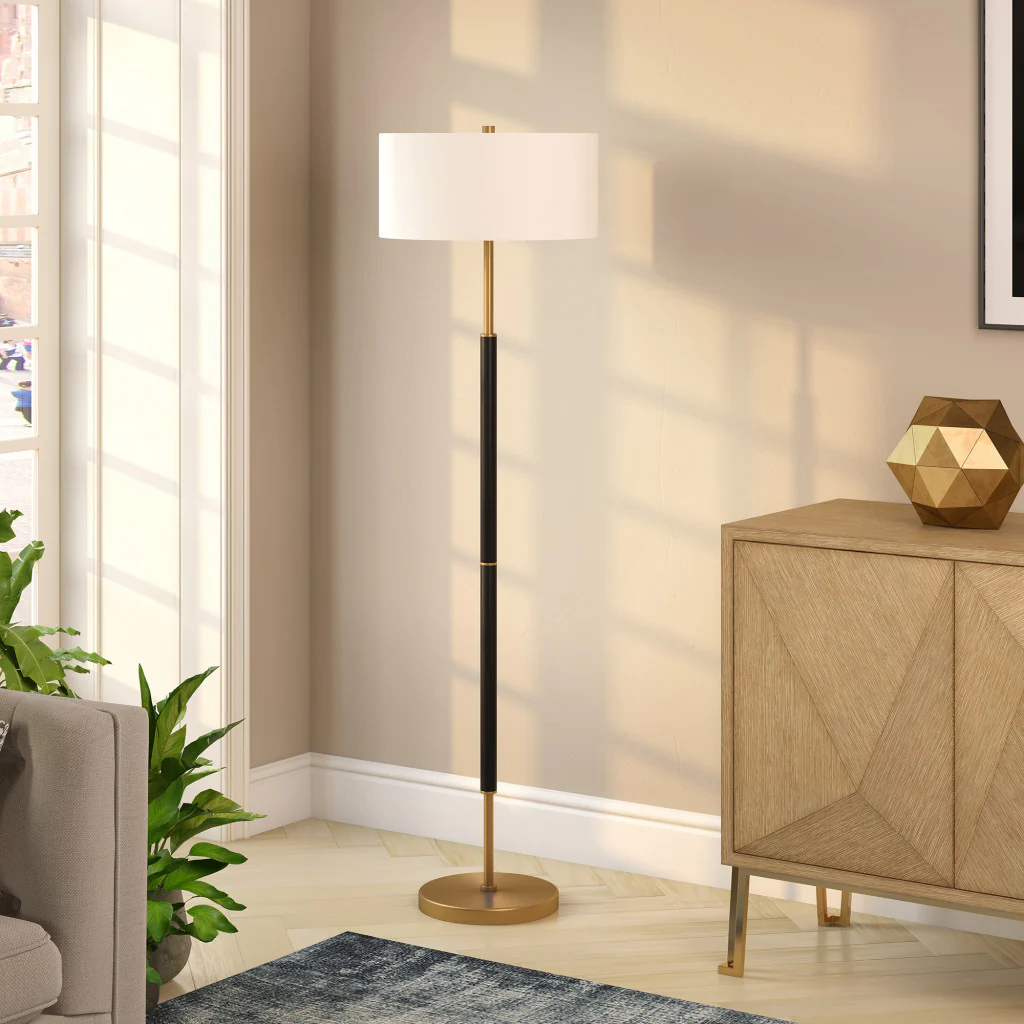 61" Black and Brass Two Light Floor Lamp With White Drum Shade By Homeroots - Image 5