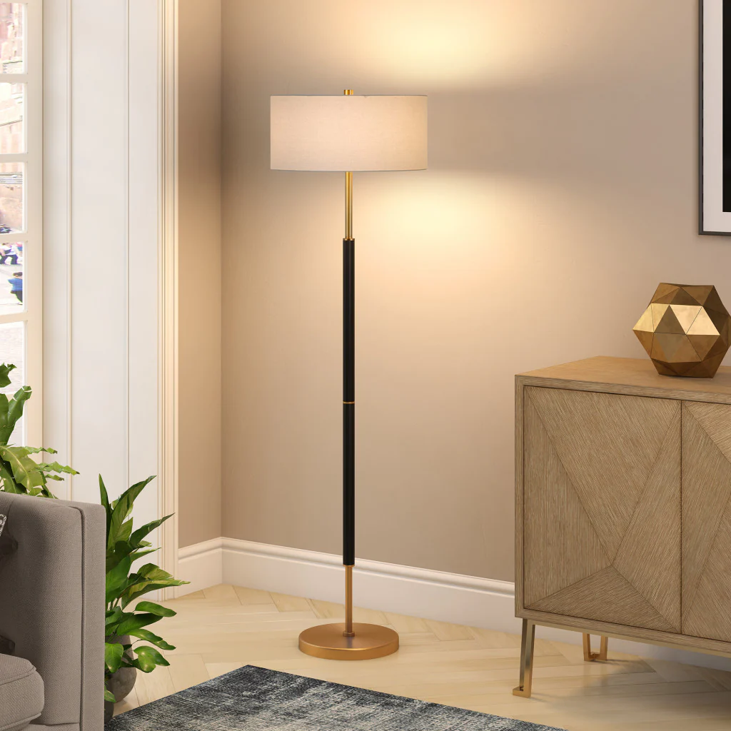 61" Black and Brass Two Light Floor Lamp With White Drum Shade By Homeroots - Image 6