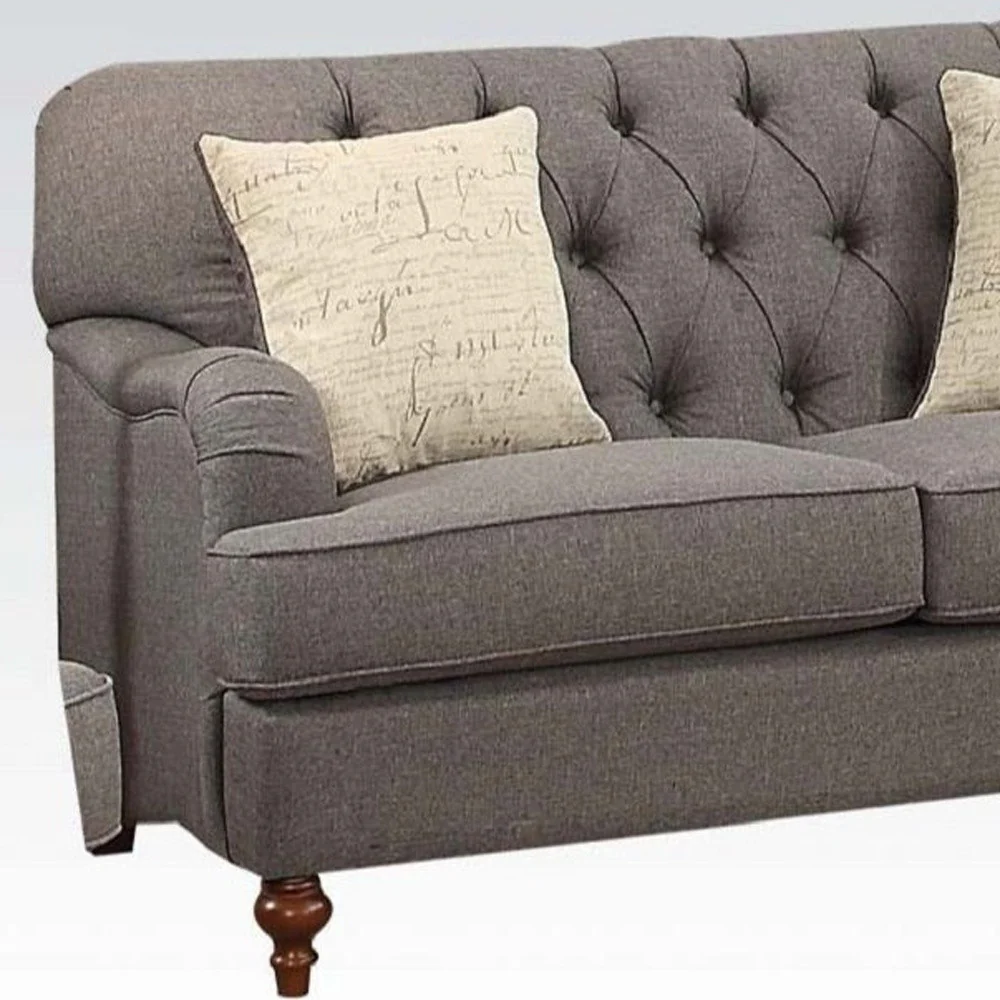 61" Dark Gray And Brown Linen Curved Love Seat And Toss Pillows By Homeroots - Image 4