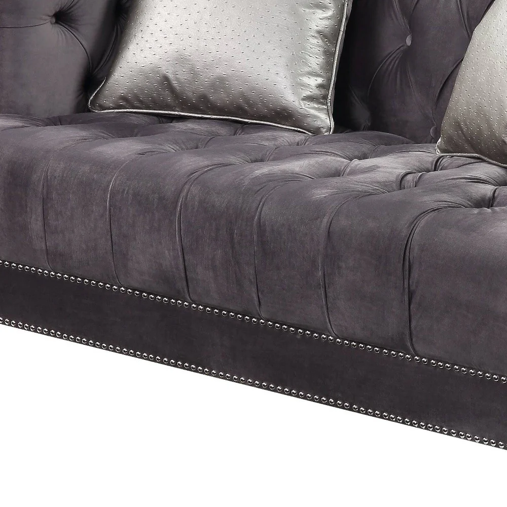 61" Gray And Silver Velvet Love Seat And Toss Pillows By Homeroots - Image 3