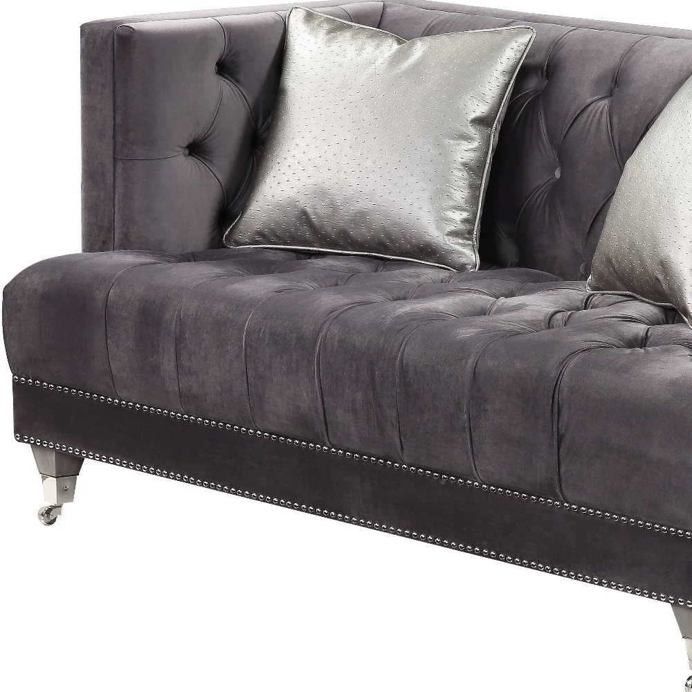 61" Gray And Silver Velvet Love Seat And Toss Pillows By Homeroots - Image 4