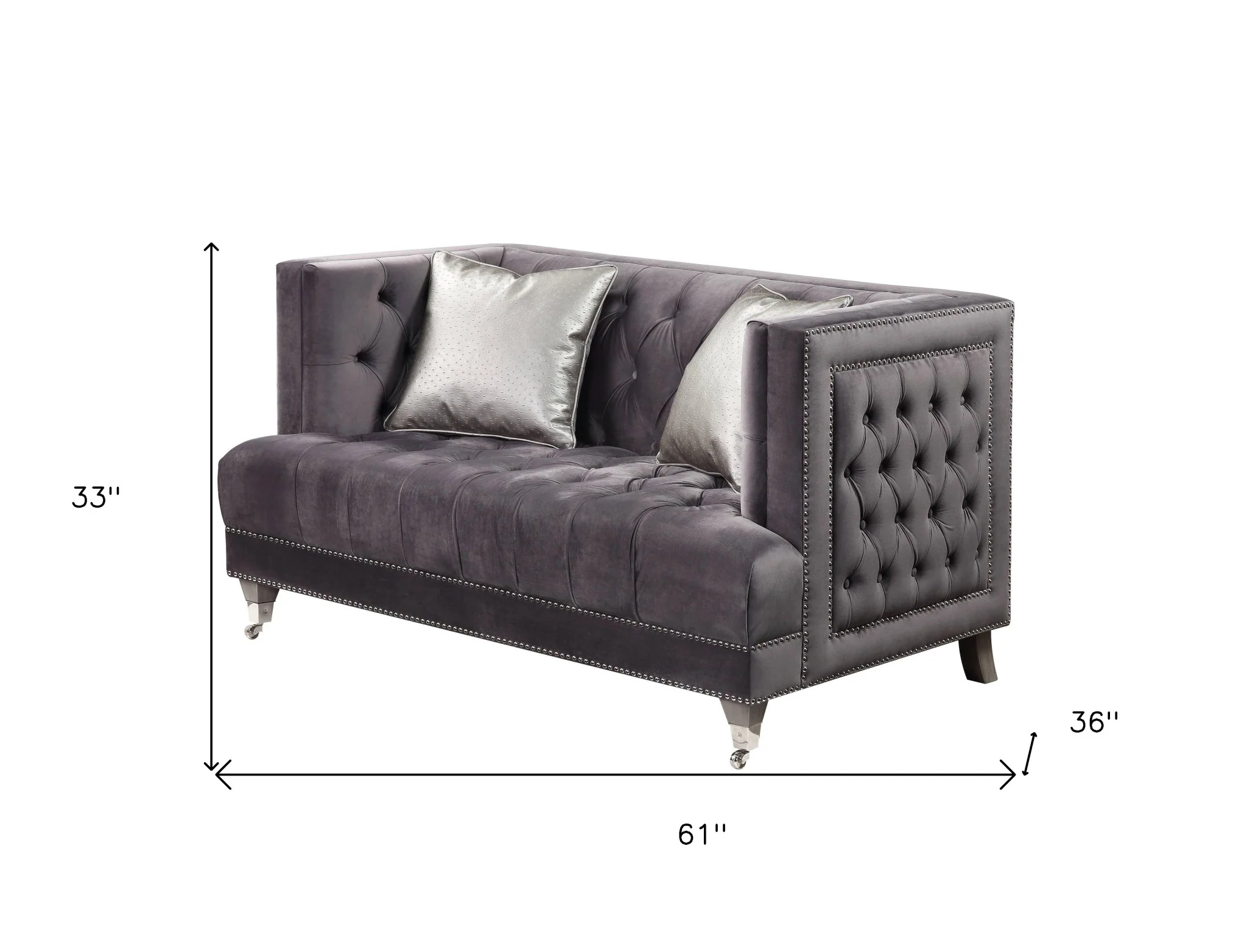 61" Gray And Silver Velvet Love Seat And Toss Pillows By Homeroots - Image 5