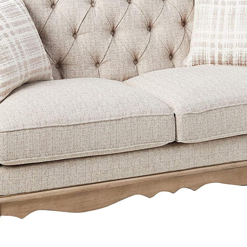62" Beige And Brown Linen Love Seat And Toss Pillows By Homeroots - Image 4