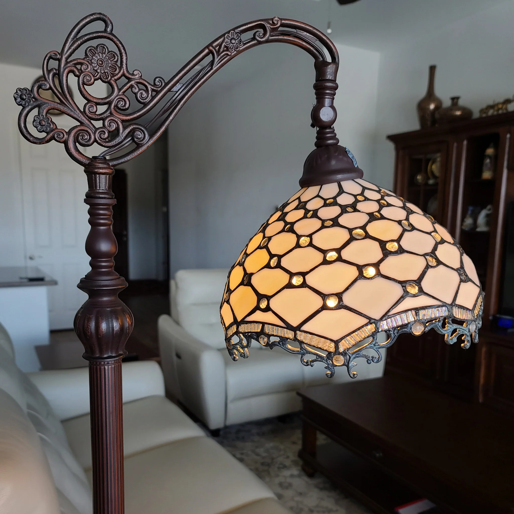 62" Brown Traditional Shaped Floor Lamp With White Tiffany Glass Bowl Shade By Homeroots - Image 4