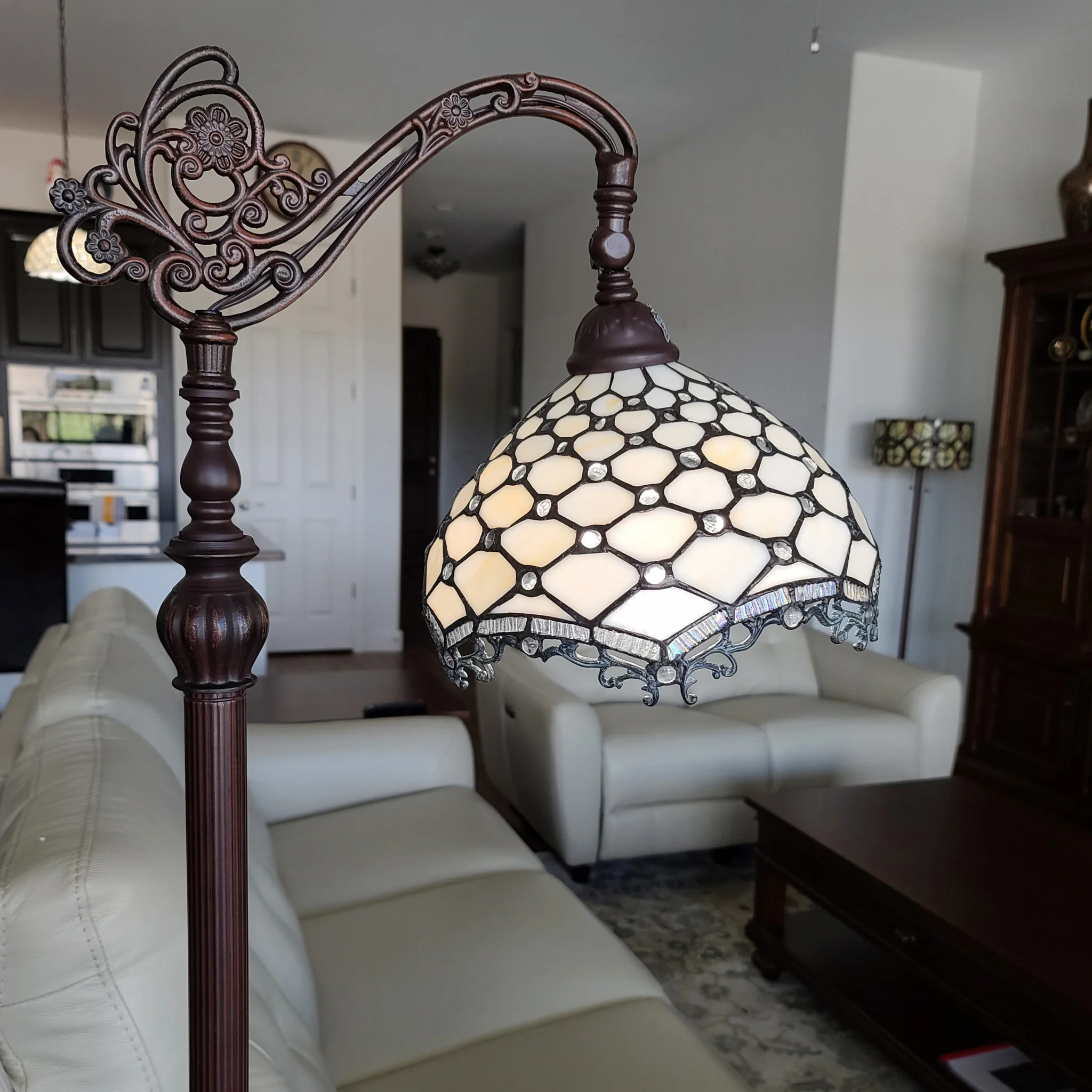 62" Brown Traditional Shaped Floor Lamp With White Tiffany Glass Bowl Shade By Homeroots - Image 7