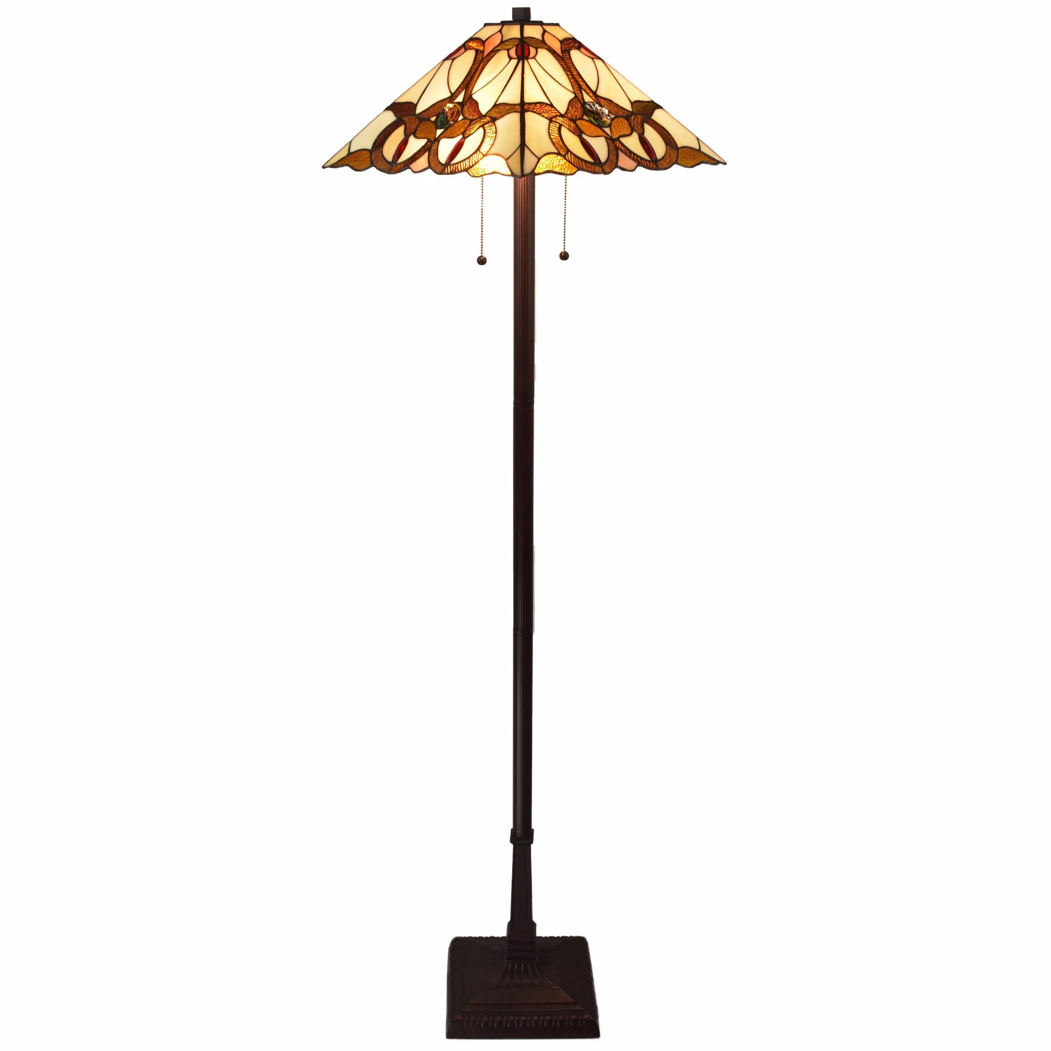 62" Brown Two Lights Traditional Shaped Floor Lamp With Brown And White Stained Glass Cone Shade By Homeroots - Image 2
