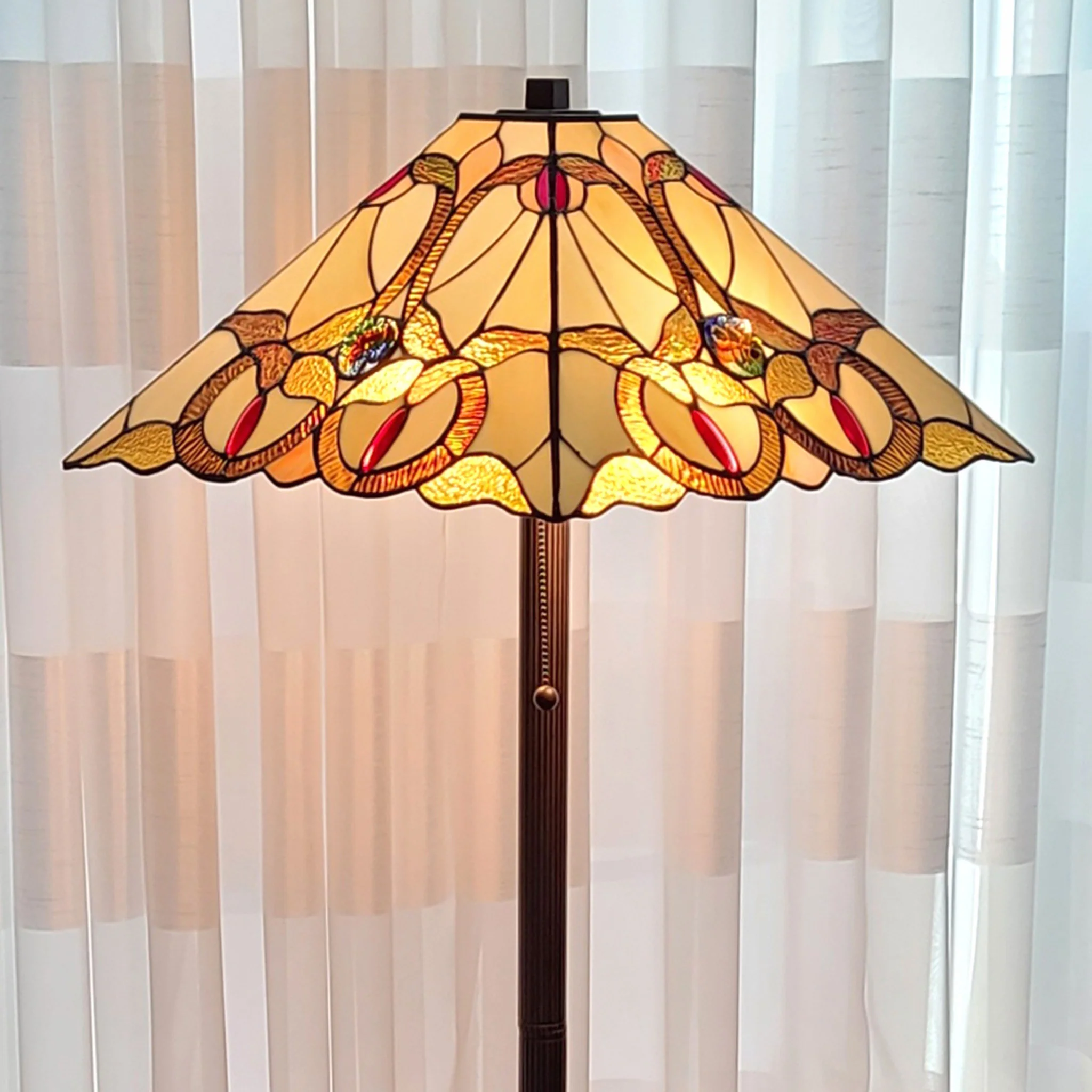 62" Brown Two Lights Traditional Shaped Floor Lamp With Brown And White Stained Glass Cone Shade By Homeroots - Image 3