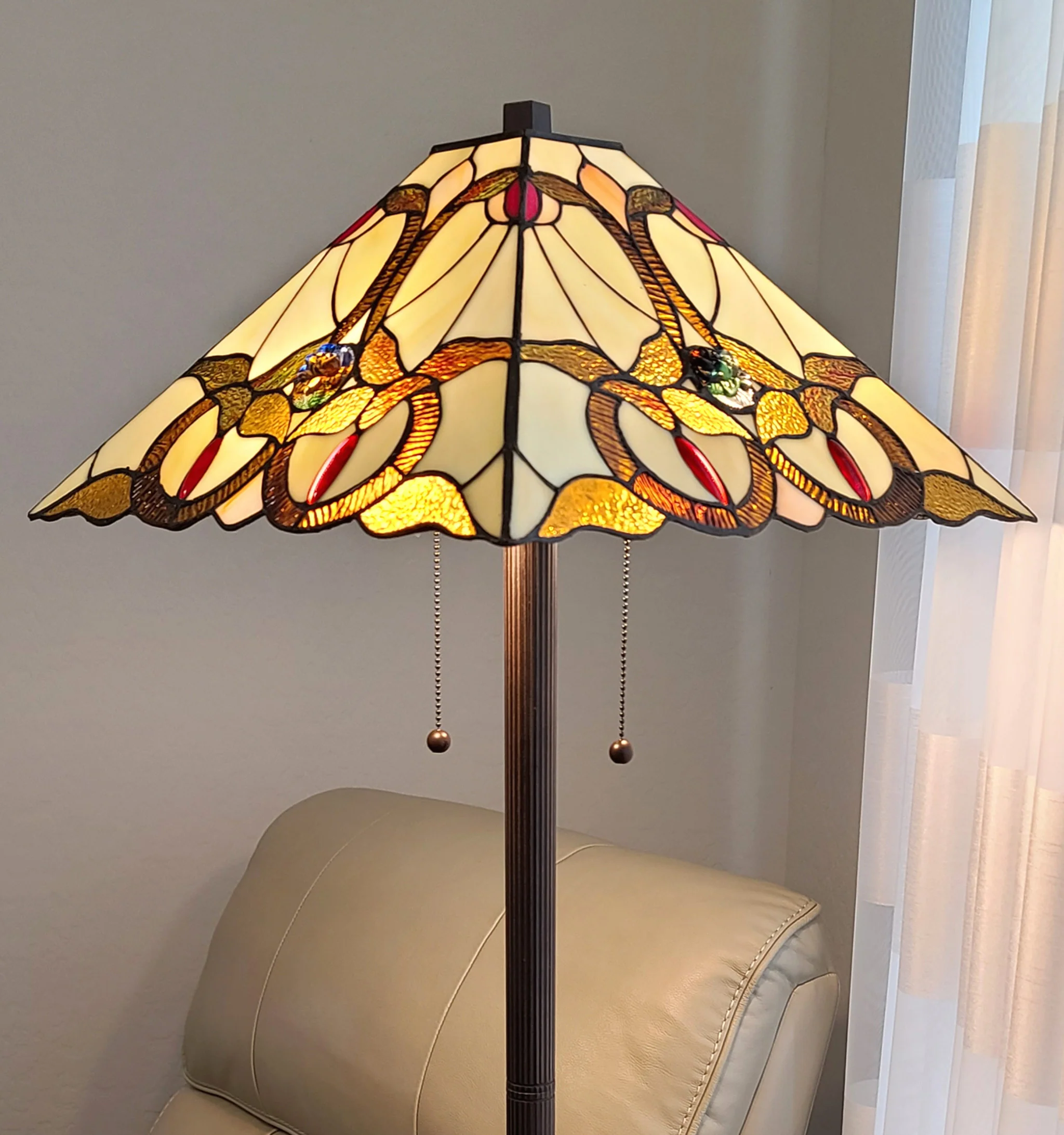 62" Brown Two Lights Traditional Shaped Floor Lamp With Brown And White Stained Glass Cone Shade By Homeroots - Image 4