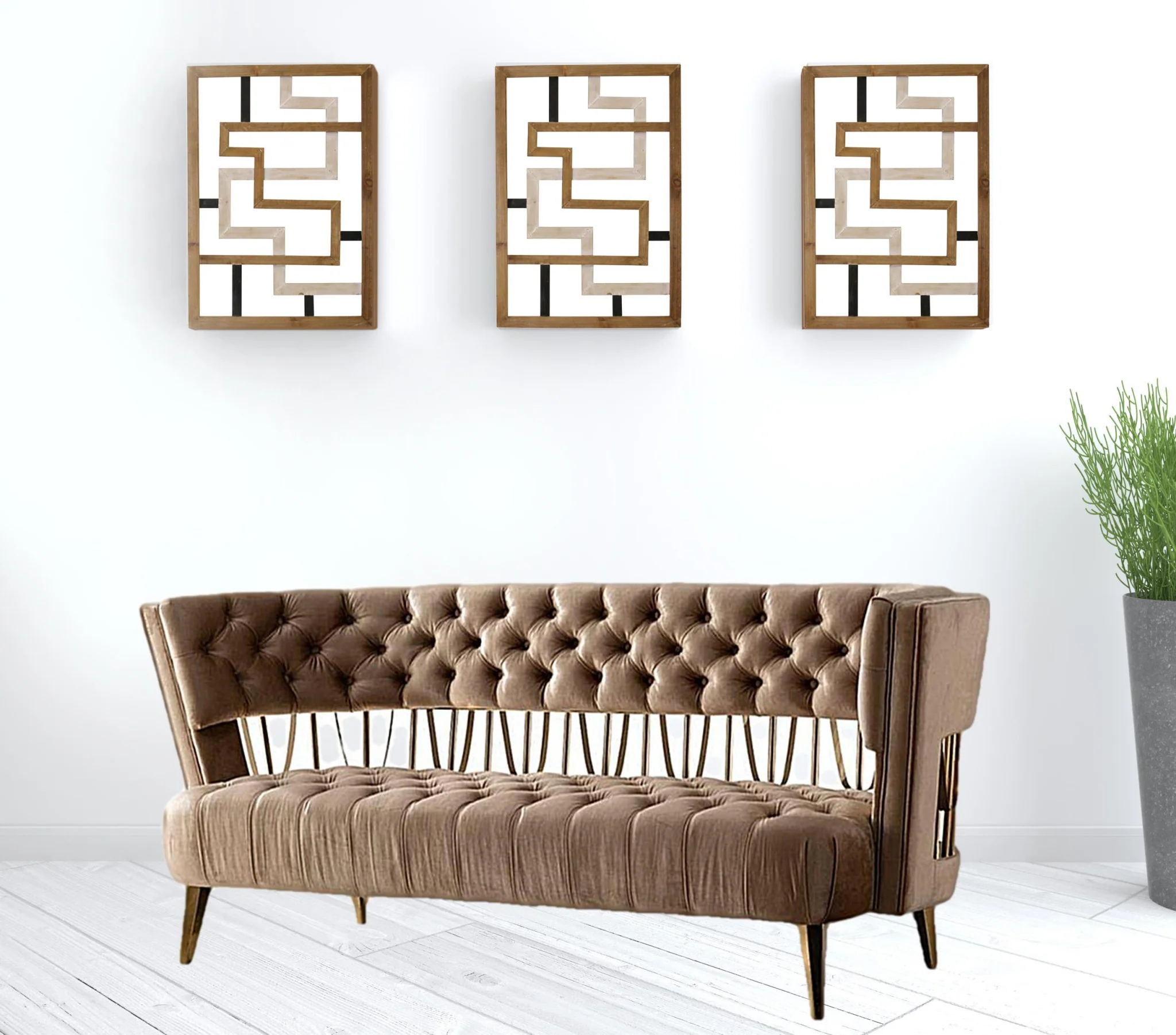 62" Dark Beige Velvet And Gold Exposed Back Love Seat By Homeroots - Image 2