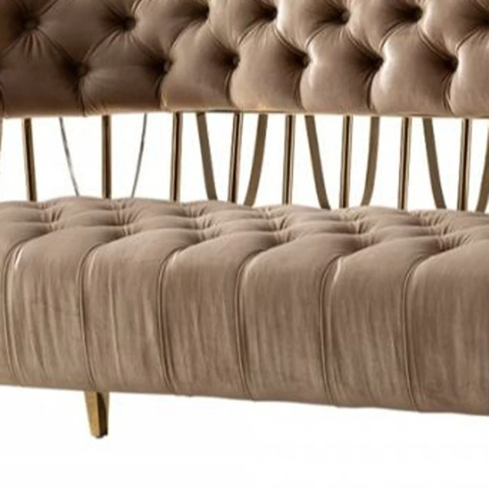 62" Dark Beige Velvet And Gold Exposed Back Love Seat By Homeroots - Image 3