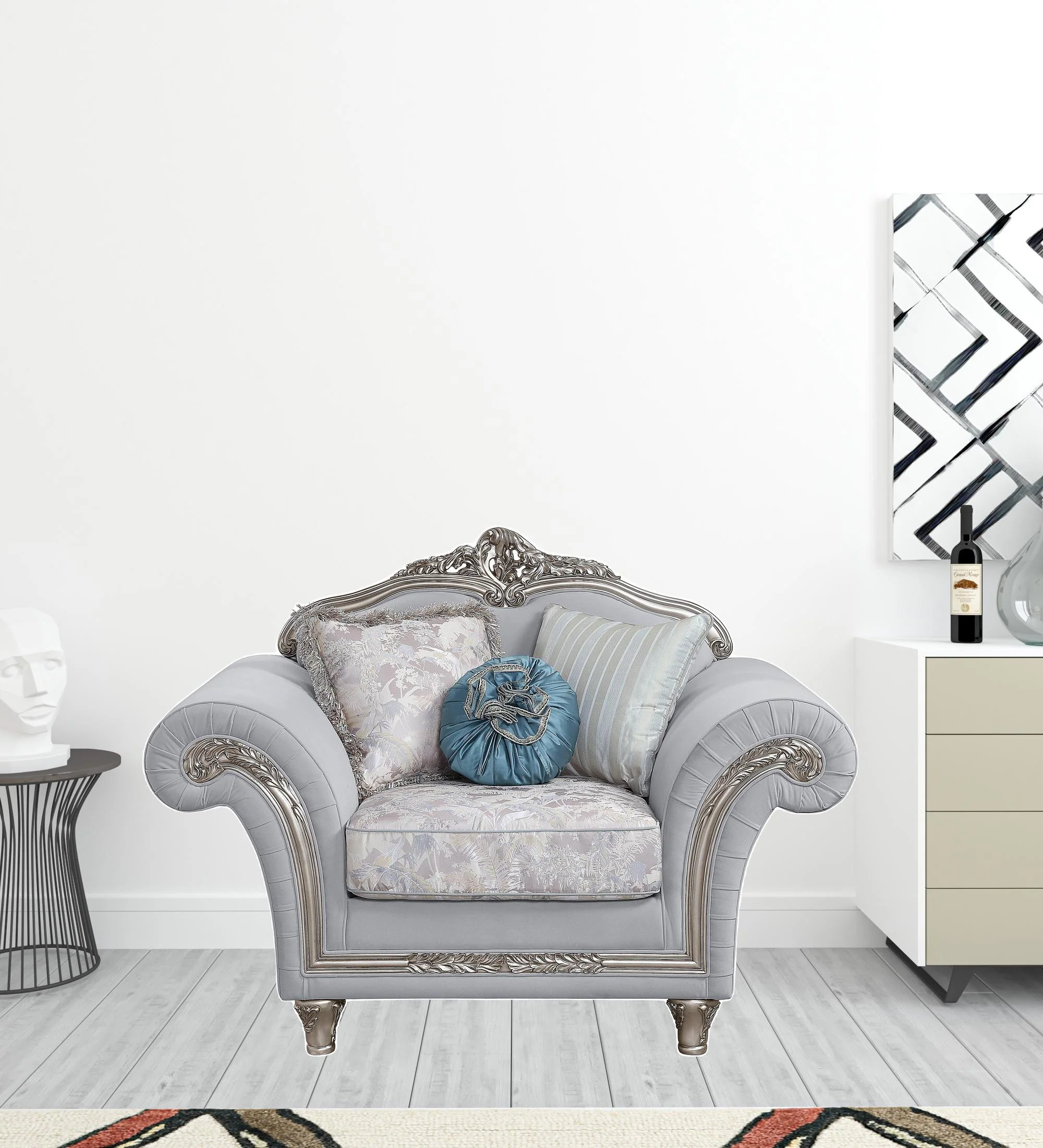 62" Light Gray Linen And Platinum Floral Club Chair By Homeroots - Image 3