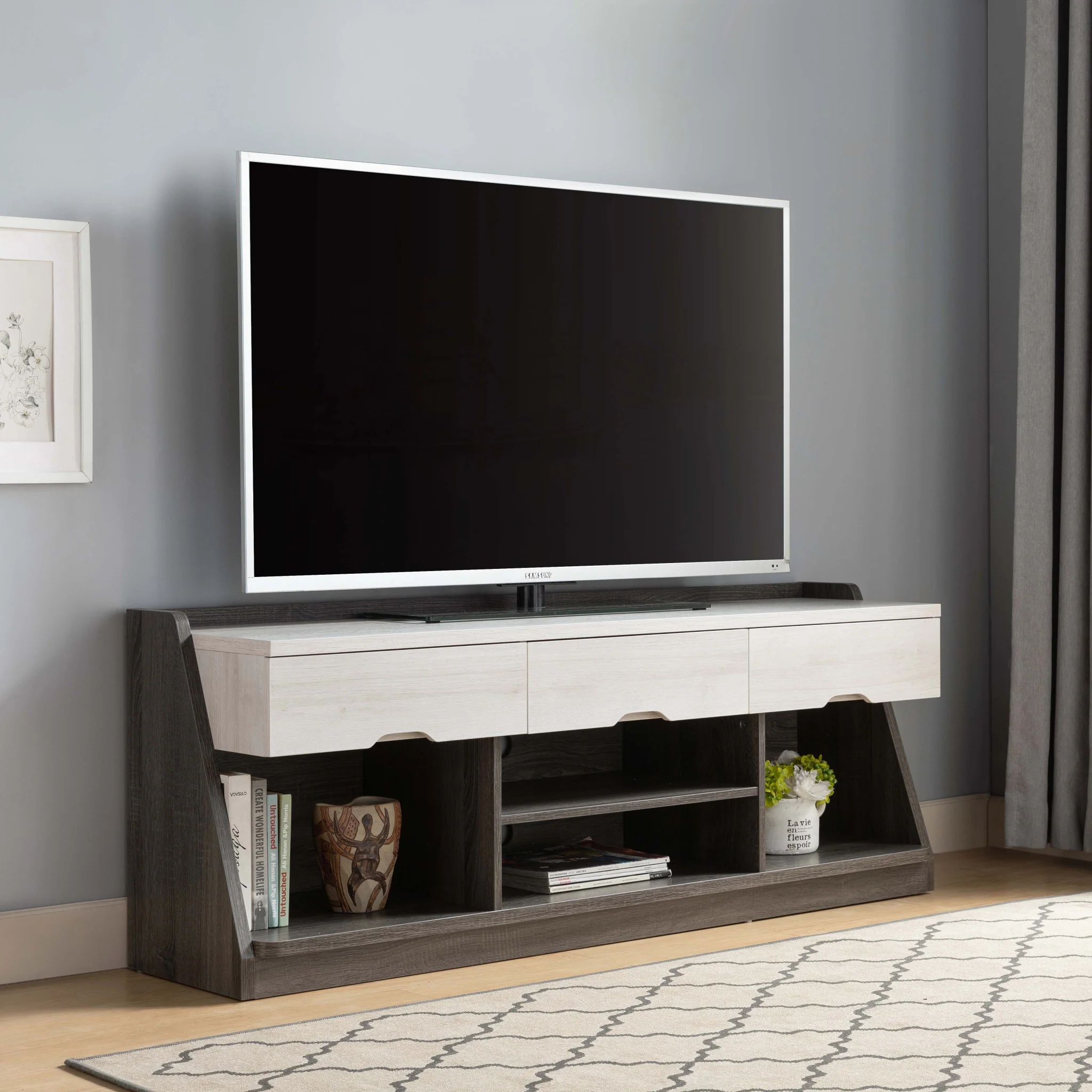 62" White Oak & Distressed Grey Particle Board Cabinetenclosed Storage TV Stand By Homeroots - Image 3