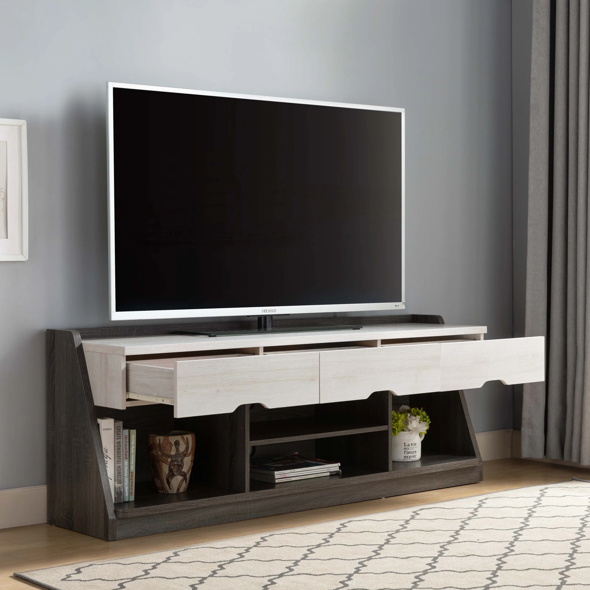 62" White Oak & Distressed Grey Particle Board Cabinetenclosed Storage TV Stand By Homeroots - Image 4