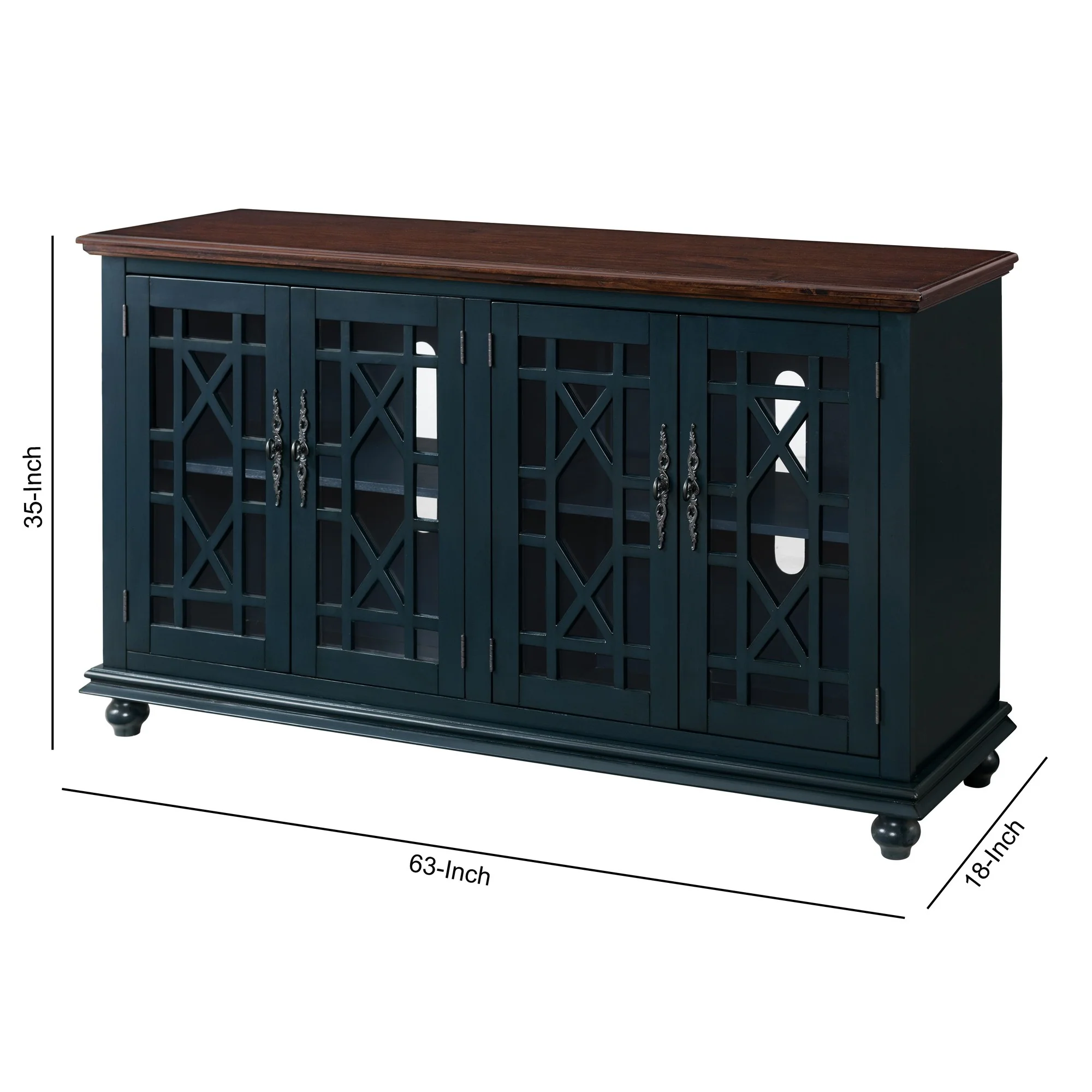 63 Inch Traditional Wooden Tv Stand With Turned Leg Brown And Blue By Benzara - Image 2