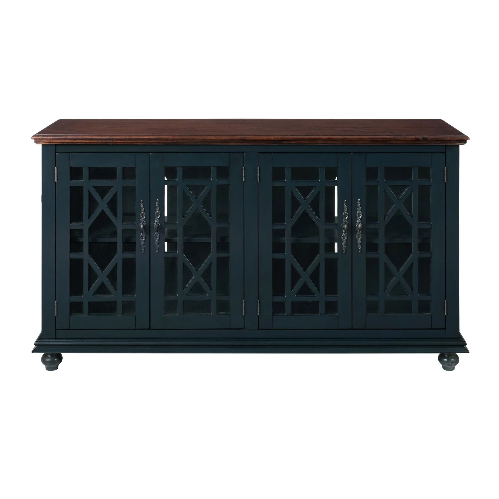 63 Inch Traditional Wooden Tv Stand With Turned Leg Brown And Blue By Benzara - Image 4