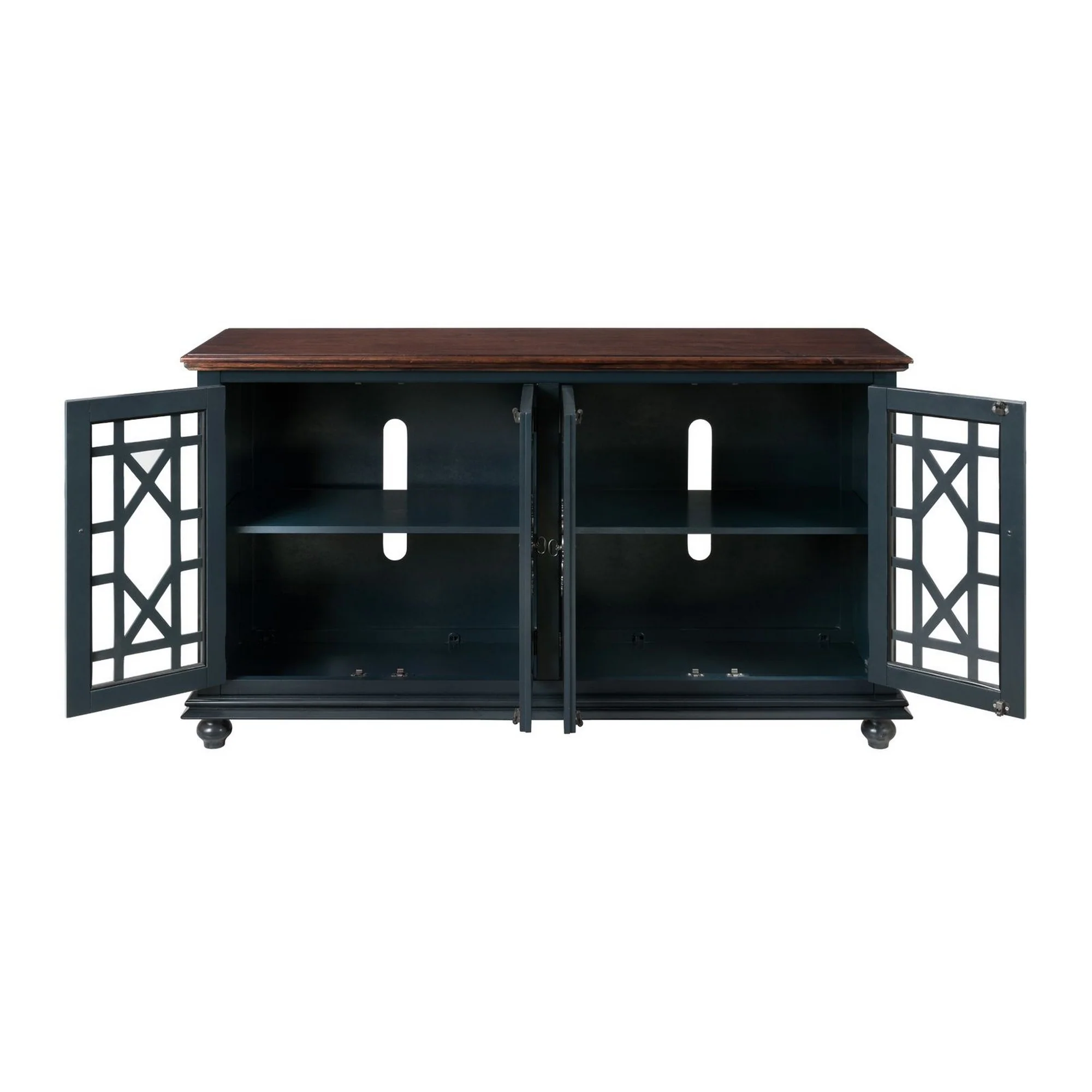63 Inch Traditional Wooden Tv Stand With Turned Leg Brown And Blue By Benzara - Image 5
