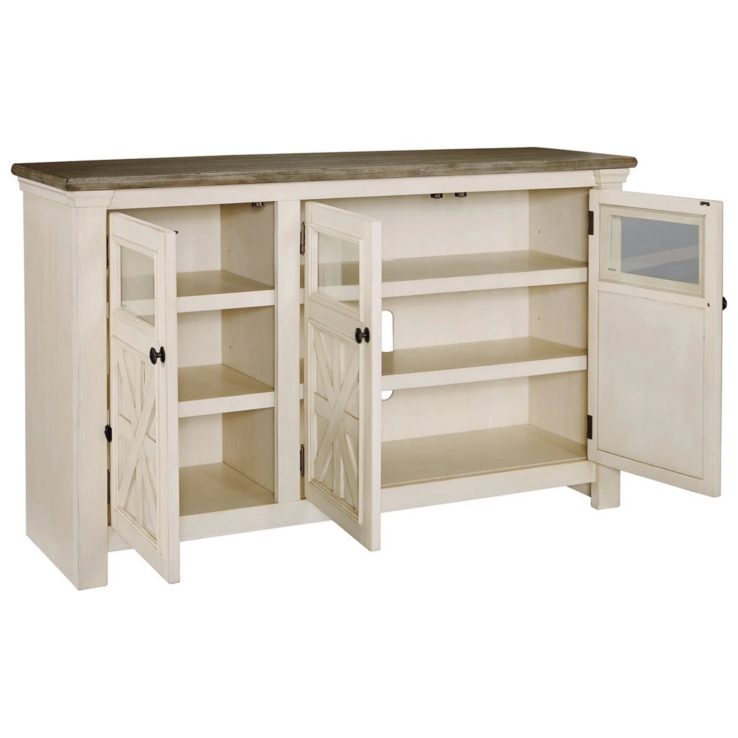63 Inch TV Stand with 2 Cabinets and 4 Adjustable Shelves, Brown and White By Benzara - Image 2