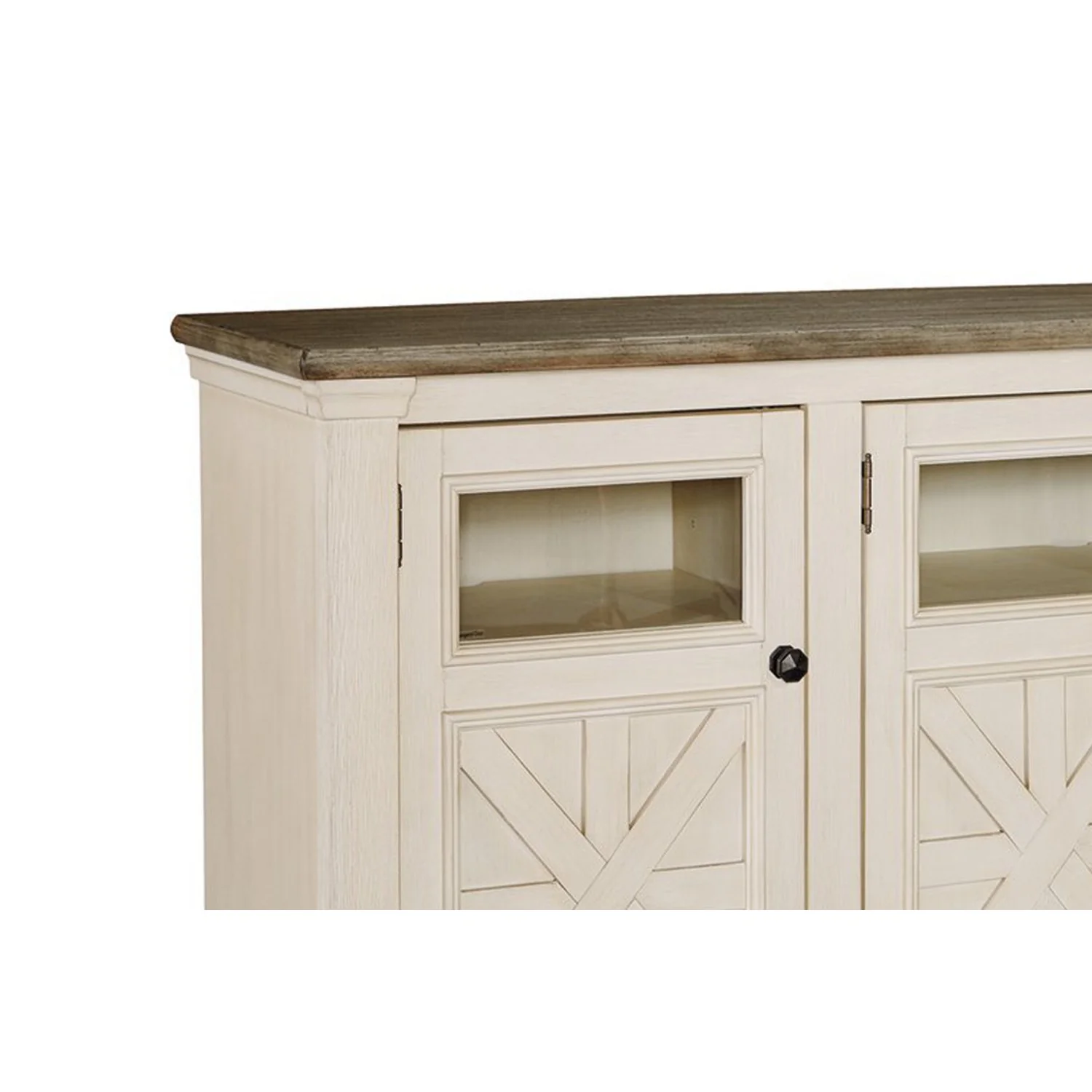 63 Inch TV Stand with 2 Cabinets and 4 Adjustable Shelves, Brown and White By Benzara - Image 4