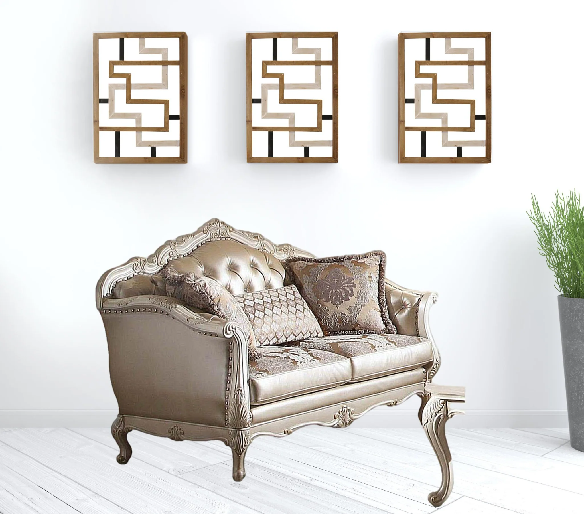 63" Rose Gold And Pearl Faux Leather Curved Love Seat And Toss Pillows By Homeroots - Image 2