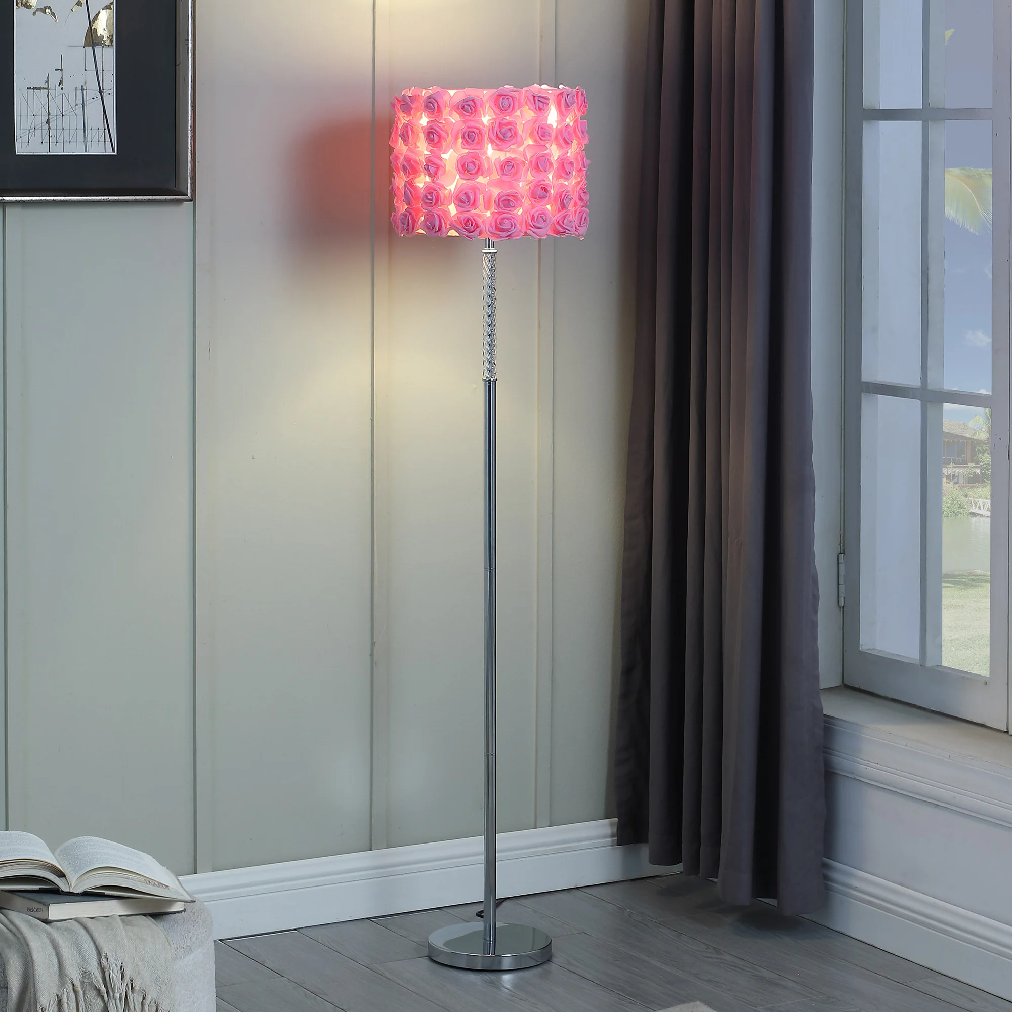 63" Steel Traditional Shaped Floor Lamp With Pink Drum Shade By Homeroots - Image 3