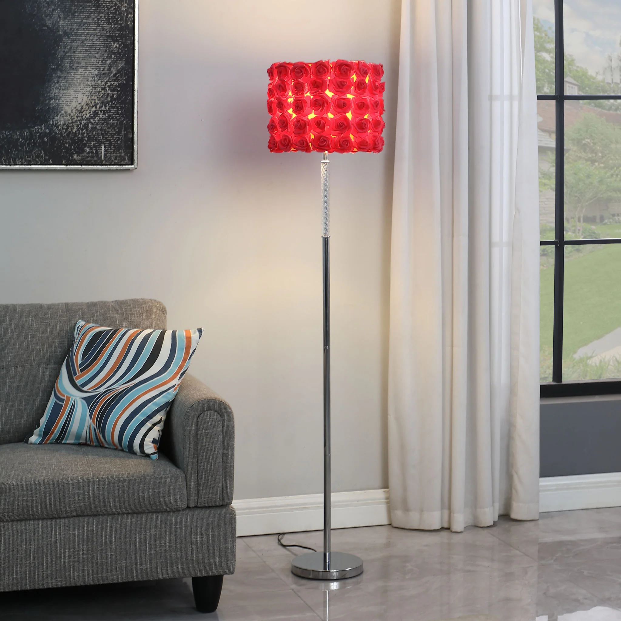 63" Steel Traditional Shaped Floor Lamp With Red Drum Shade By Homeroots - Image 3
