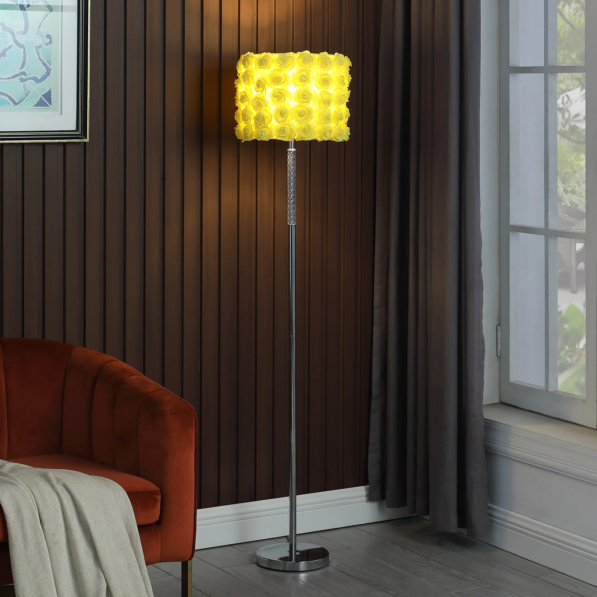63" Steel Traditional Shaped Floor Lamp With Yellow Roses Drum Shade By Homeroots - Image 3