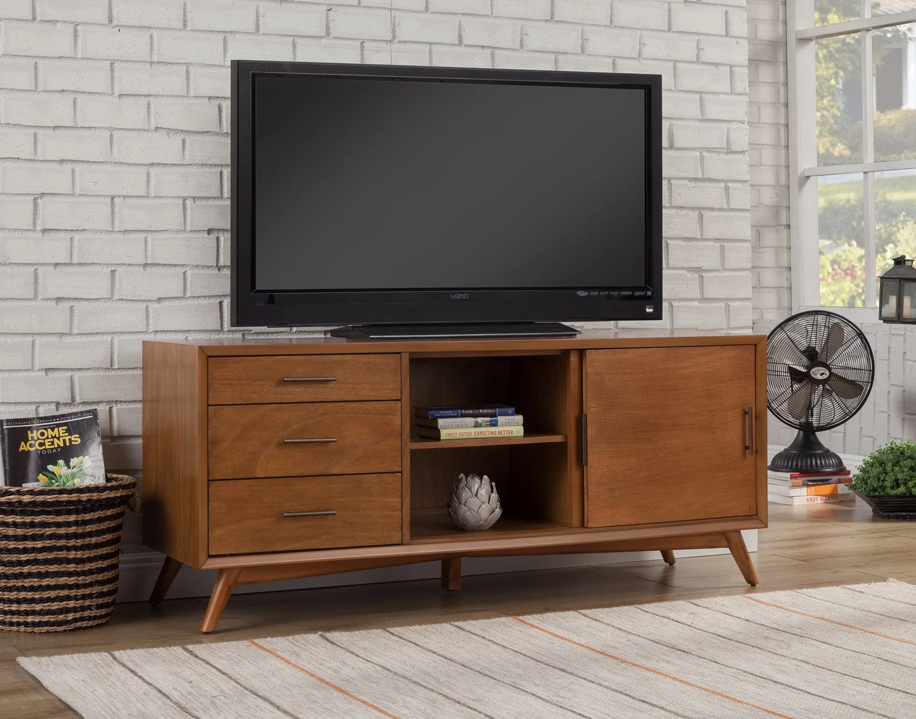 64" Wood Brown Mahogany Solids & Okoume Veneer Open shelving TV Stand By Homeroots - Image 7
