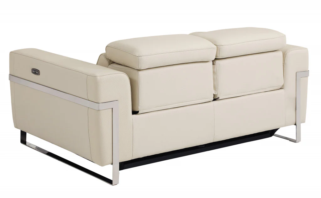 65" Beige Italian Leather and Stainless Reclining Love Seat By Homeroots - Image 4