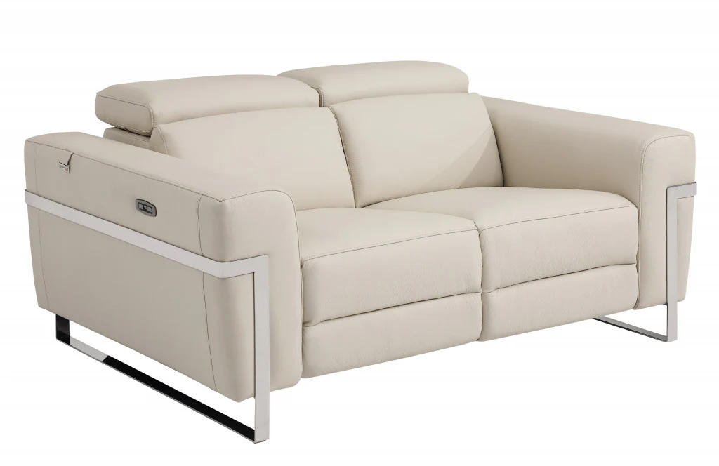 65" Beige Italian Leather with Chrome Accents Reclining Love Seat By Homeroots - Image 2