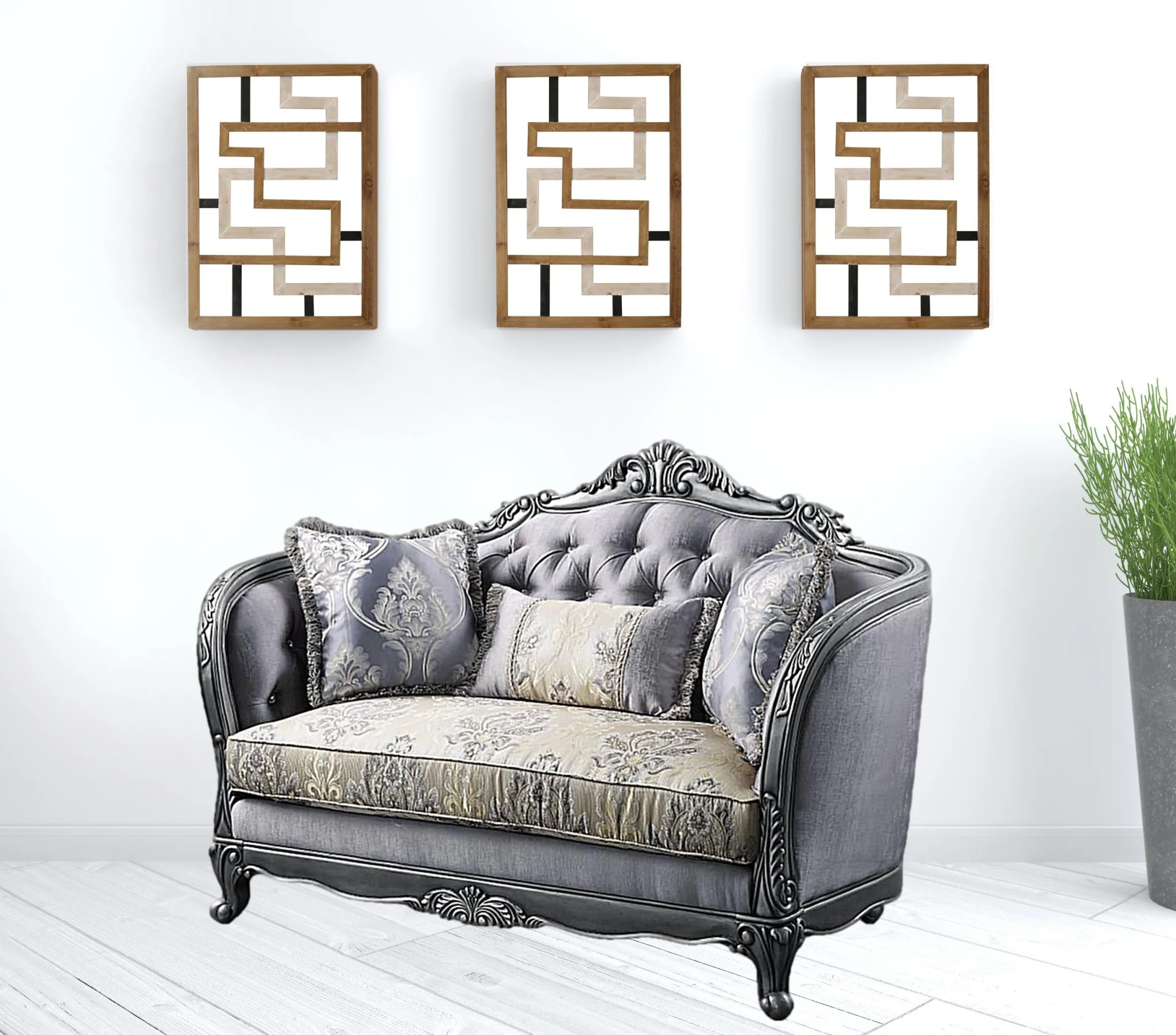 65" Gray Silver And Platinum Silk Blend Love Seat And Toss Pillows By Homeroots - Image 2